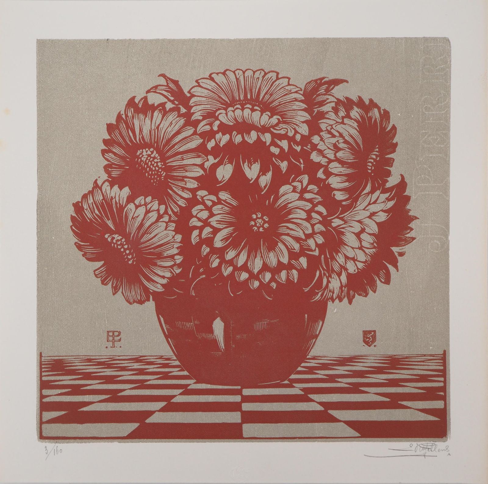 Edward Pellensred Bouquet Of Flowers   Original Woodcut, Handsigned1929