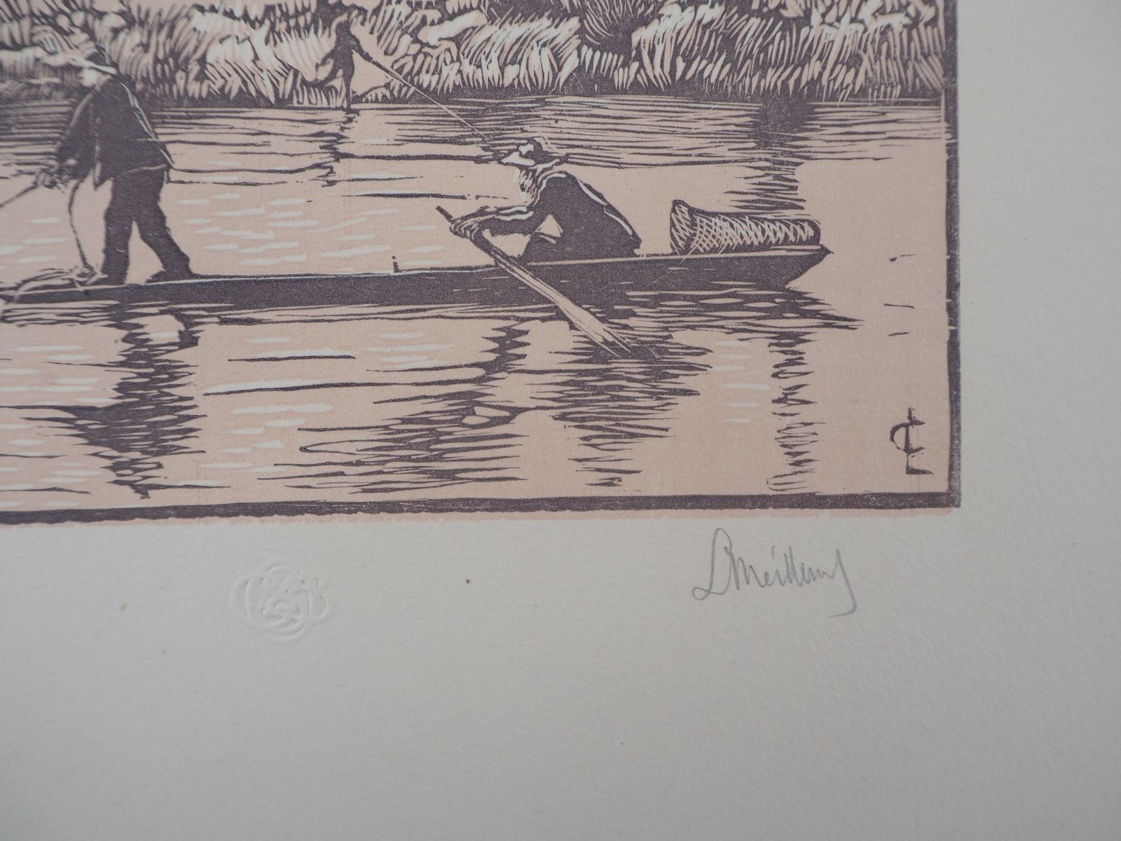Georges Le Meilleurfisherman On The River   Original Wooodcut, Handsigned1926 photo vinterior