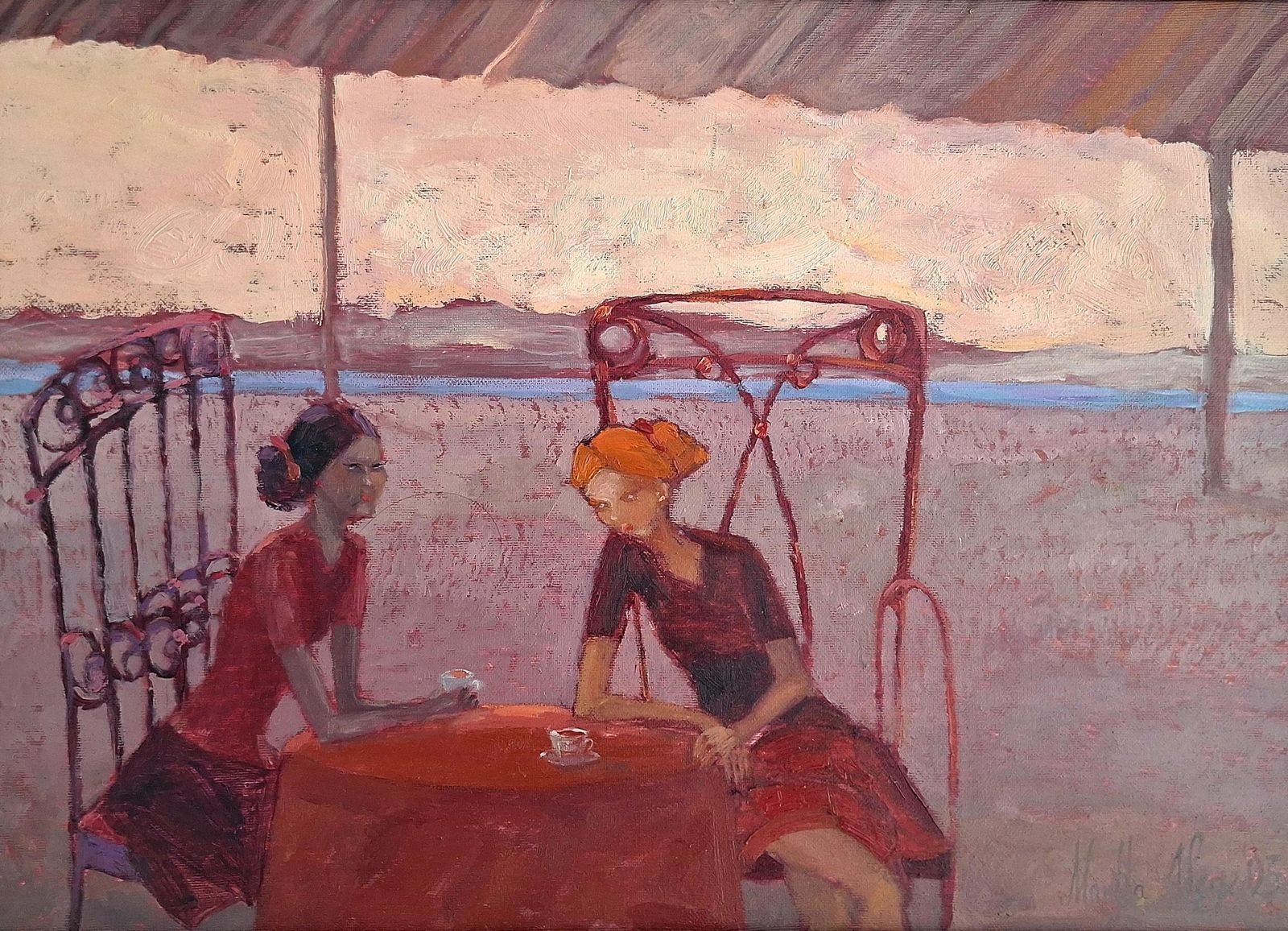 Martta Węgwomen Drinking Chocolate. Oil Figurative Painting, Vibrant Colors, Polish Artist2003