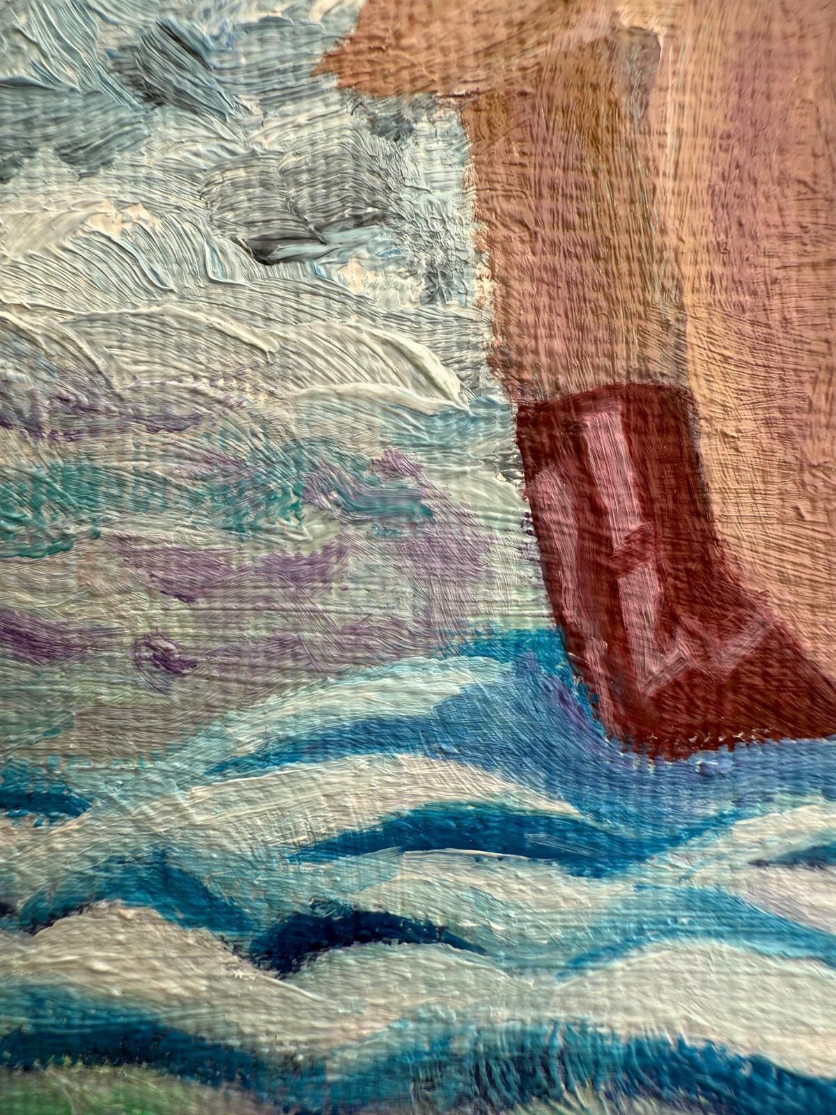 Bernadette Van Baarsen Blue And White Beach Scene In Oil On Linen. 'Sous Un Parasol. No.1'.2025 photo vinterior