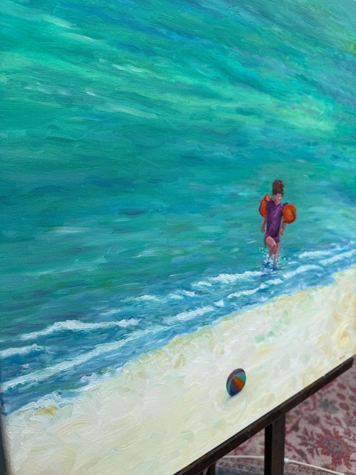 photo for sale Bernadette Van Baarsen Blue And Yellow Beach Scene In Oil On Linen. 'Ballon De Plage No.1'2025