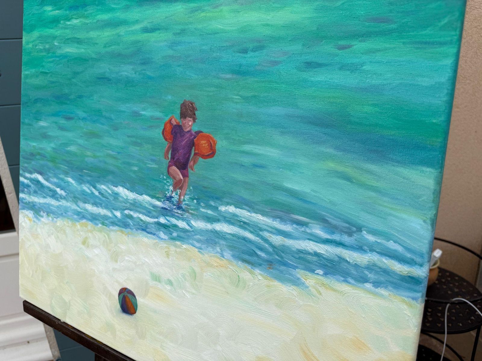 photo buy Bernadette Van Baarsen Blue And Yellow Beach Scene In Oil On Linen. 'Ballon De Plage No.1'2025