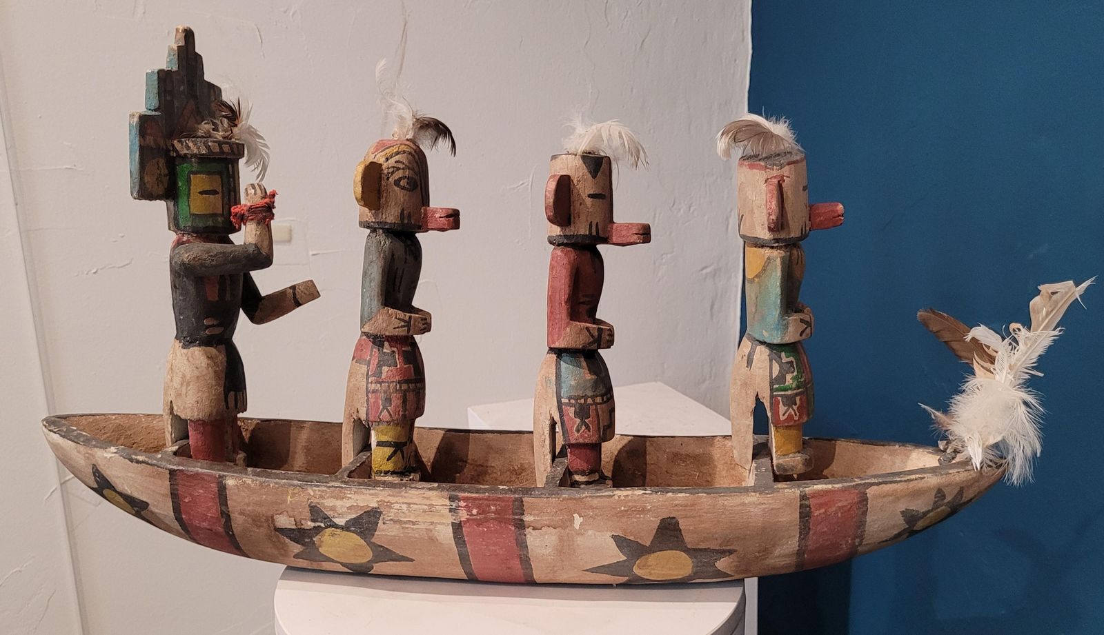 Hopi Craftsmen, Group Of Four Native North American Hopi Katsina (Kachina) Dolls In Canoe.. photo vintage