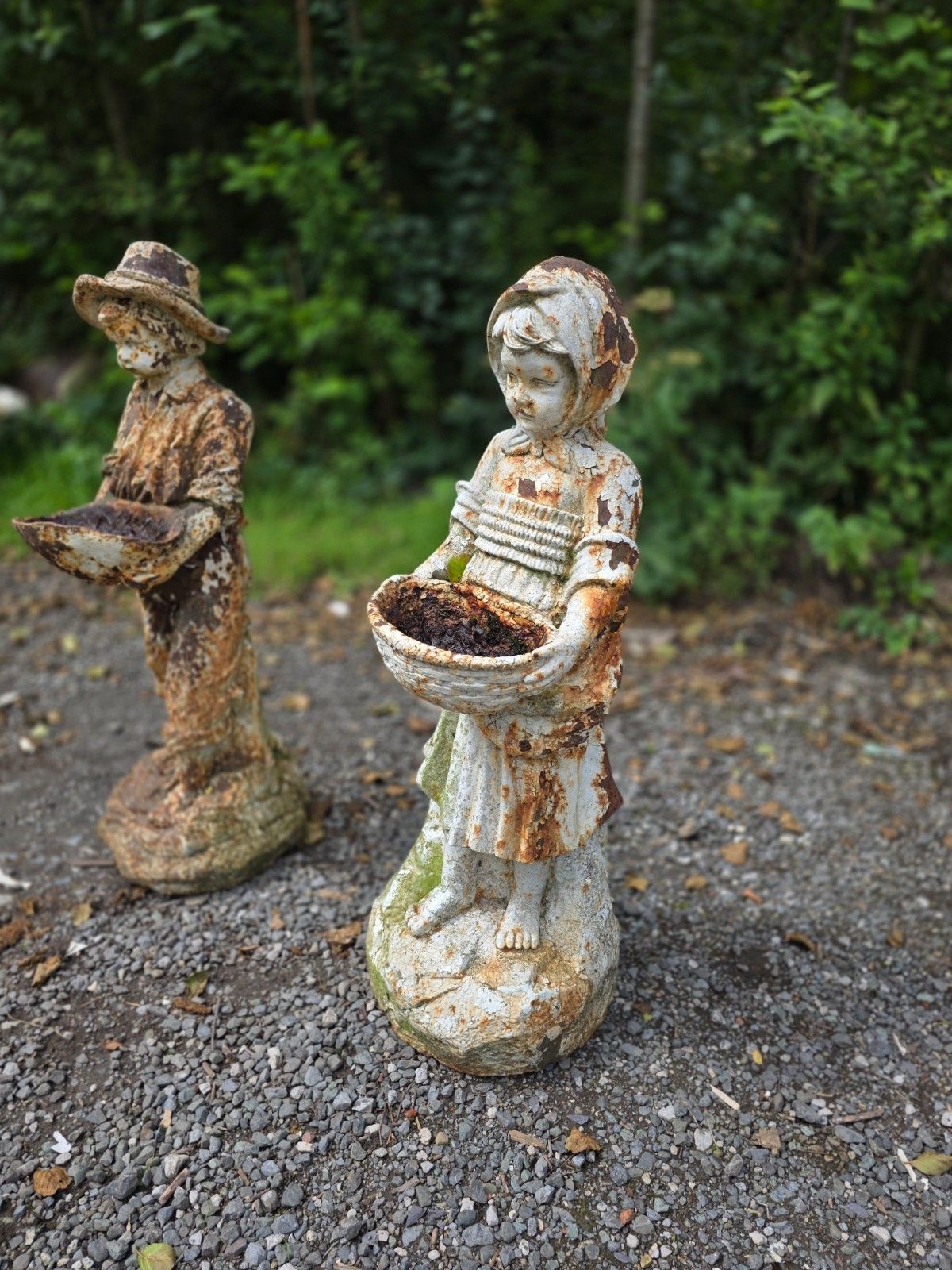 Pair Of Early 20th Century Cast Iron Boy And Girl Statues photo buy
