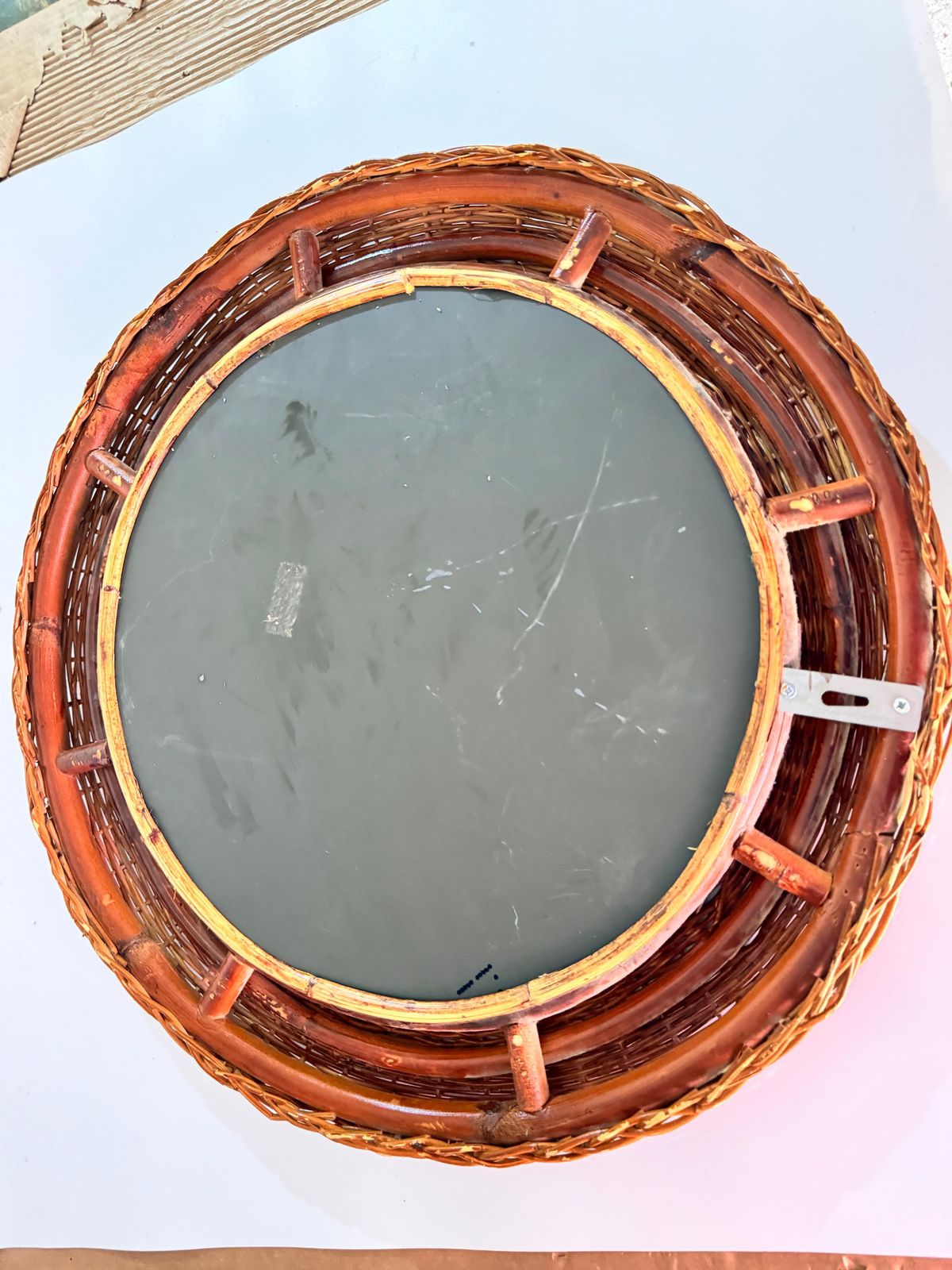 Midcentury French Riviera Rattan And Bamboo Rond Wall Mirror, Italy 1960s photo for sale