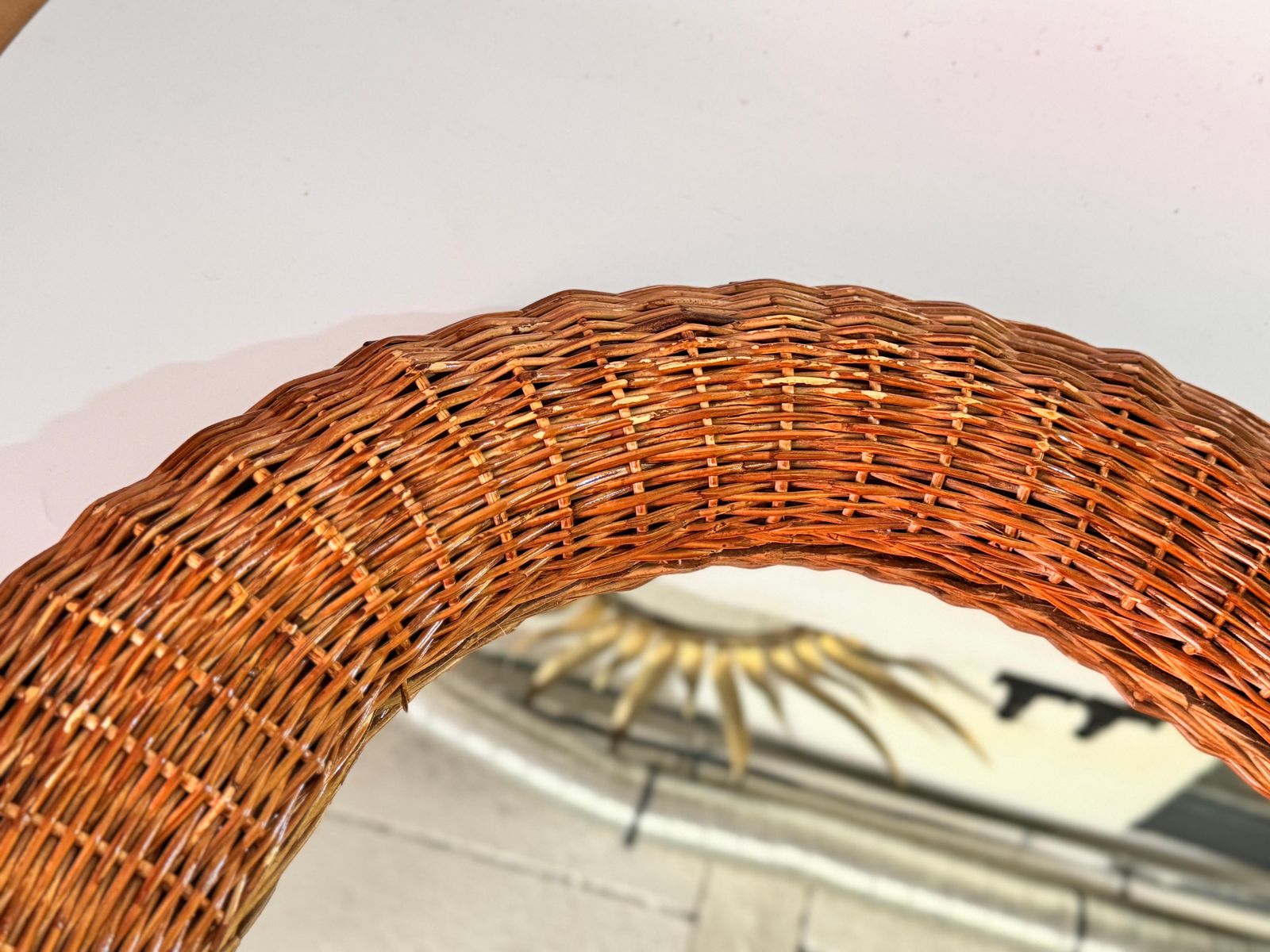 Midcentury French Riviera Rattan And Bamboo Rond Wall Mirror, Italy 1960s photo vinterior