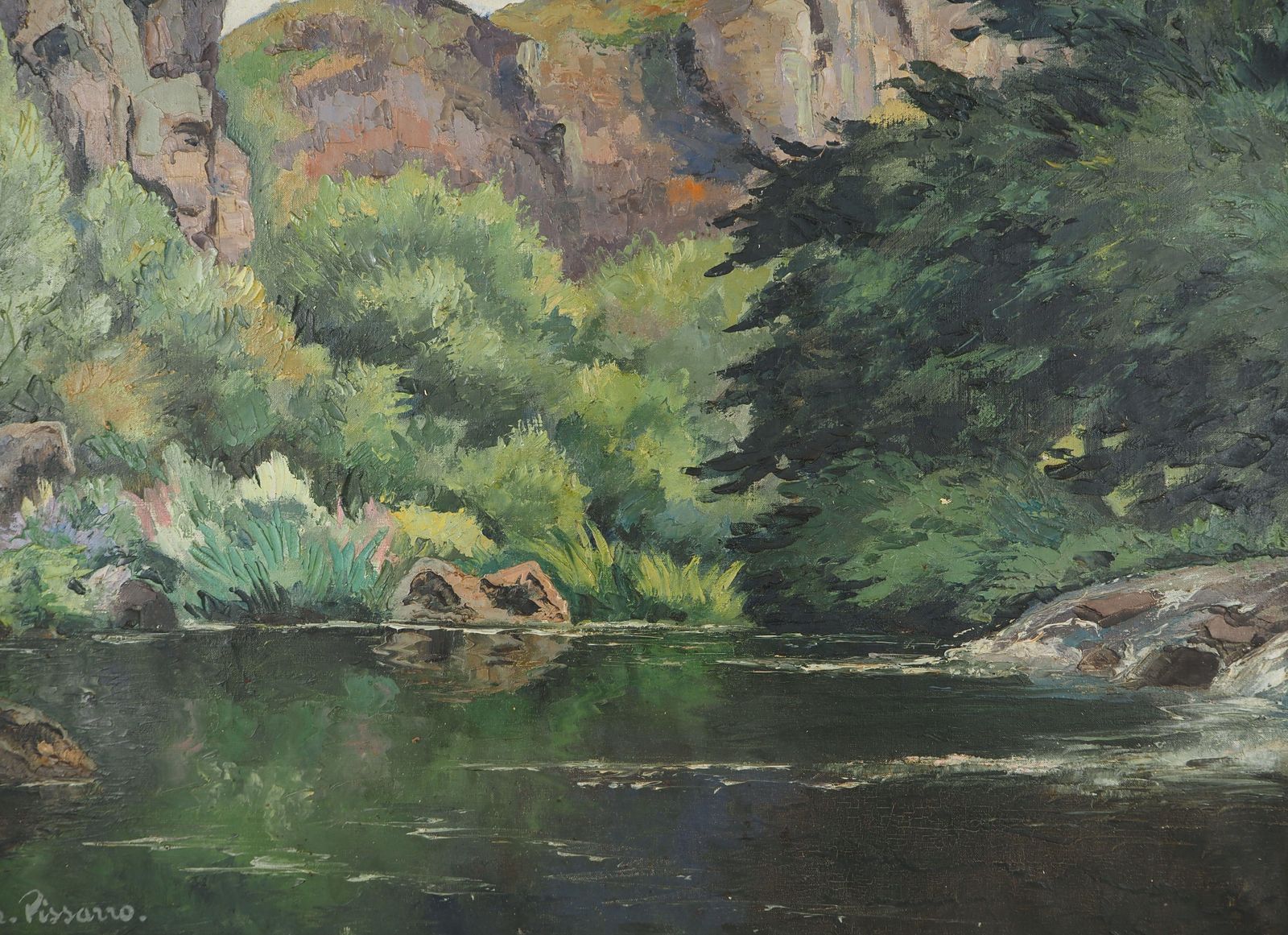 Paul Emile Pissarro Normandy : River And Mountains   Original Oil On Canvas, Handsigned 1955 photo vintage