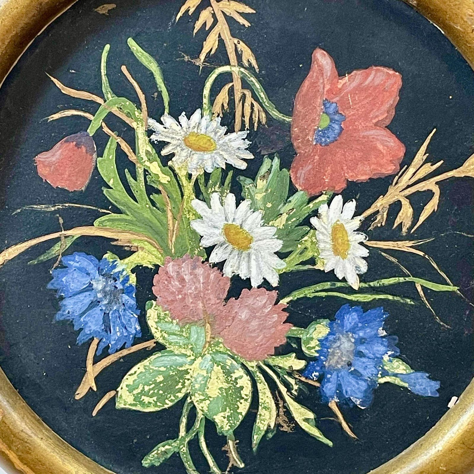 Antique Cute Round Oil Painting With Motive Of Wild Scandinavian Summer Flowers In Great Colours photo furniture