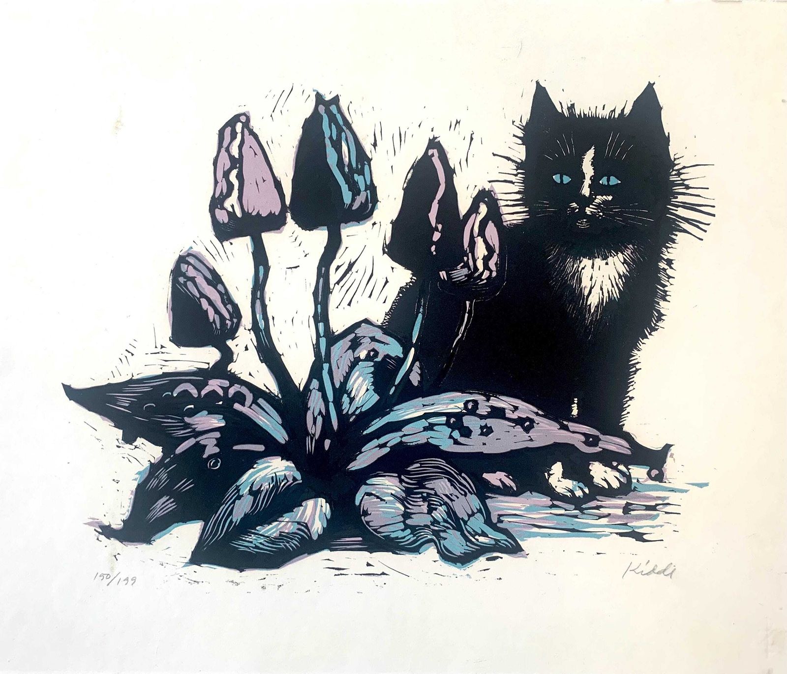 Danish Original Vintage Exclusive Print Of Cat And Flowers By Renowed Illustrator Thormod Kidde (1925 1996)
