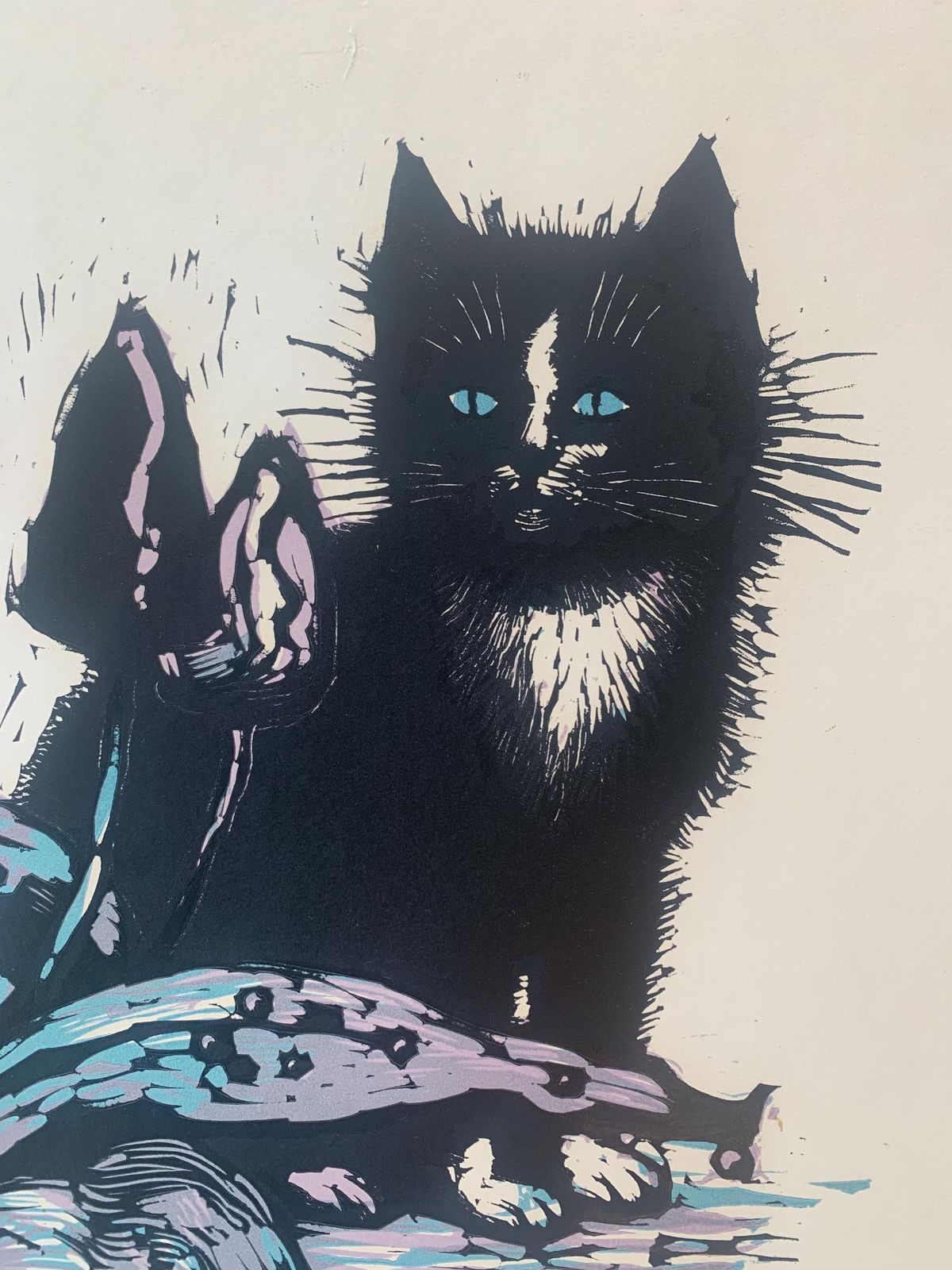 Danish Original Vintage Exclusive Print Of Cat And Flowers By Renowed Illustrator Thormod Kidde (1925 1996) photo for sale