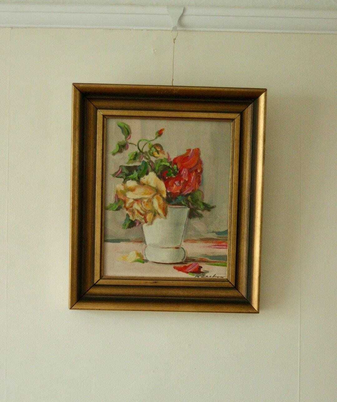 Original Swedish Oil On Panel – “Still Life: Vase Of Roses” – Signed & Framed, 40.5 X 34.5 Cm (15.9 X 13.6 In)
