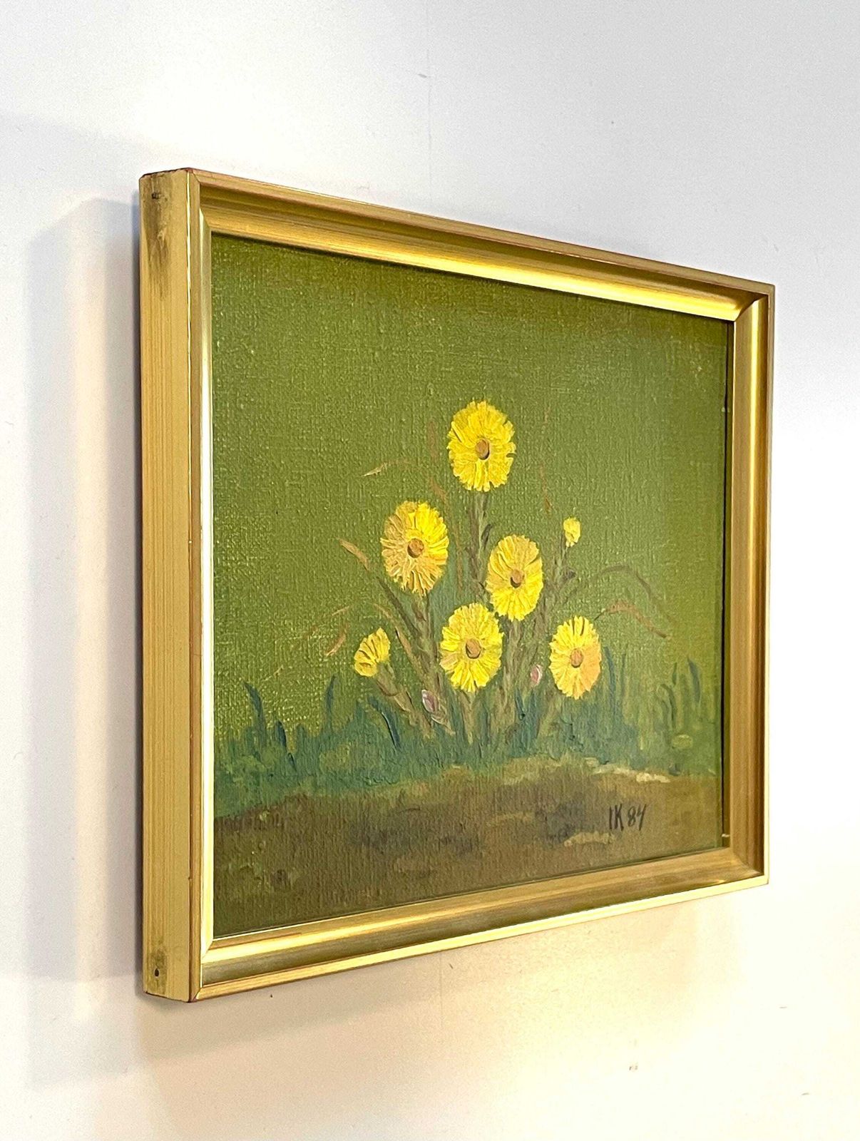 Still Life Vintage Postmodern Danish Original Oil On Canvas 1980s Painting With Yellow Flowers In The Garden With Green Background photo vinterior