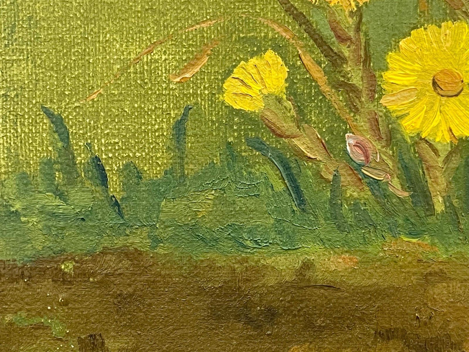 Still Life Vintage Postmodern Danish Original Oil On Canvas 1980s Painting With Yellow Flowers In The Garden With Green Background photo buy
