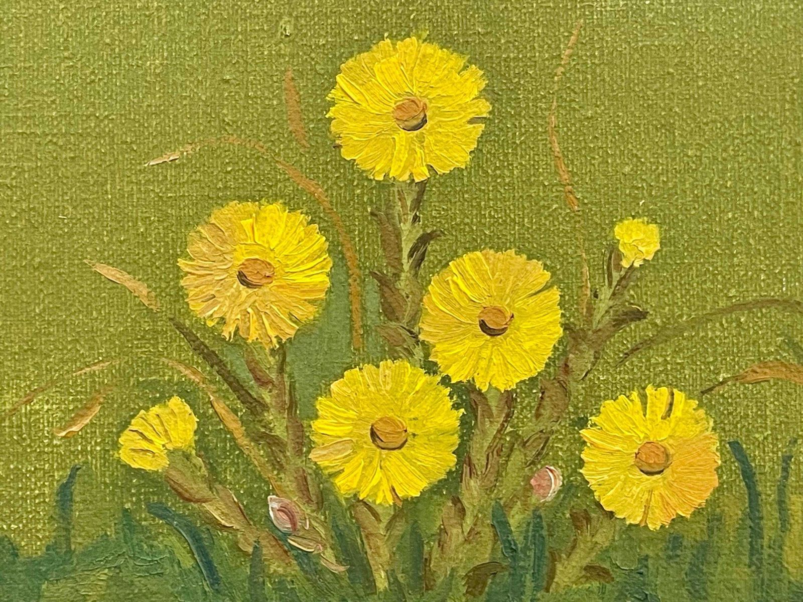 Still Life Vintage Postmodern Danish Original Oil On Canvas 1980s Painting With Yellow Flowers In The Garden With Green Background photo vintage
