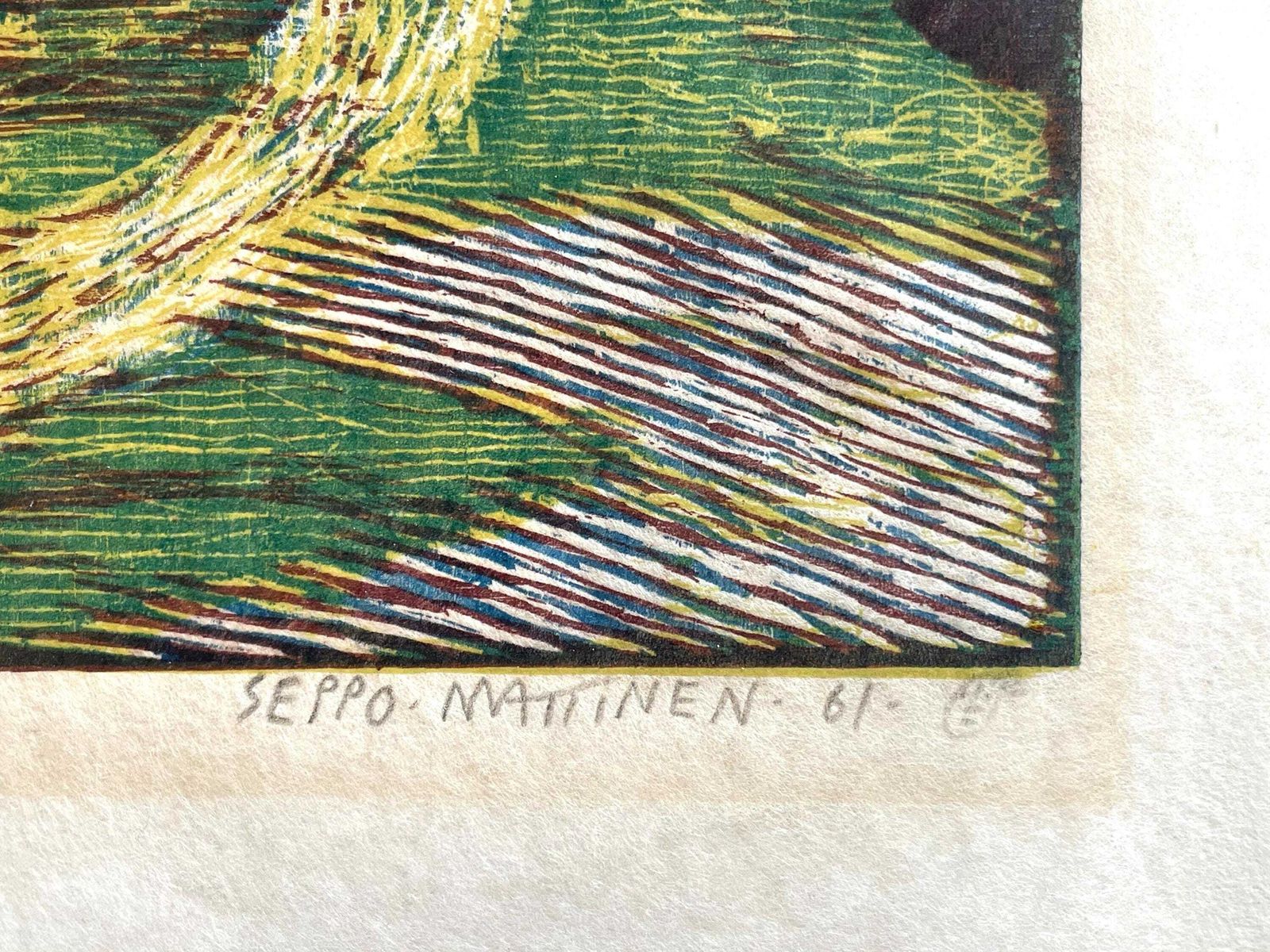 Seppo Mattinen (1927 2020) Vintage Original Mid Century Woodcut Print   Figurative Expressionist Art By Renowned Artist From Finland photo for sale