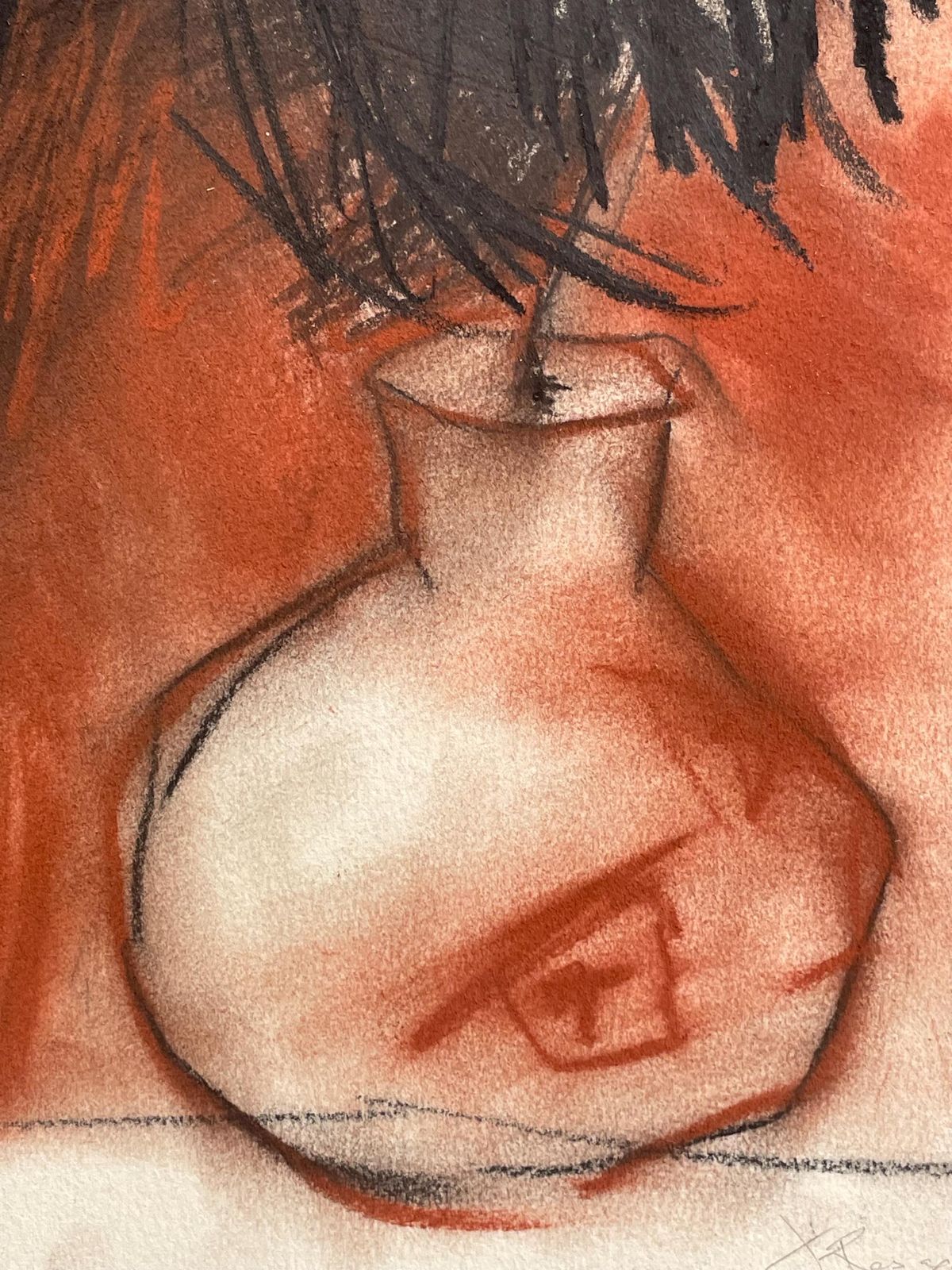 Vintage Original Postmodern Pastel On Paper Still Life Drawing Of Red Vases In Strong Colours And Abstract Style   Danish Art From The 1990s photo buy