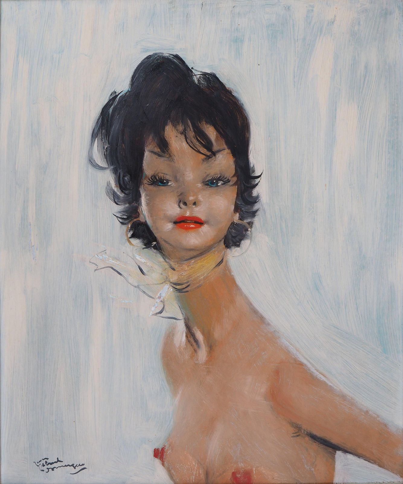 Jean Gabriel Domergue Maria, Nude On Blue Background   Original Oil Painting, Handsigned photo furniture