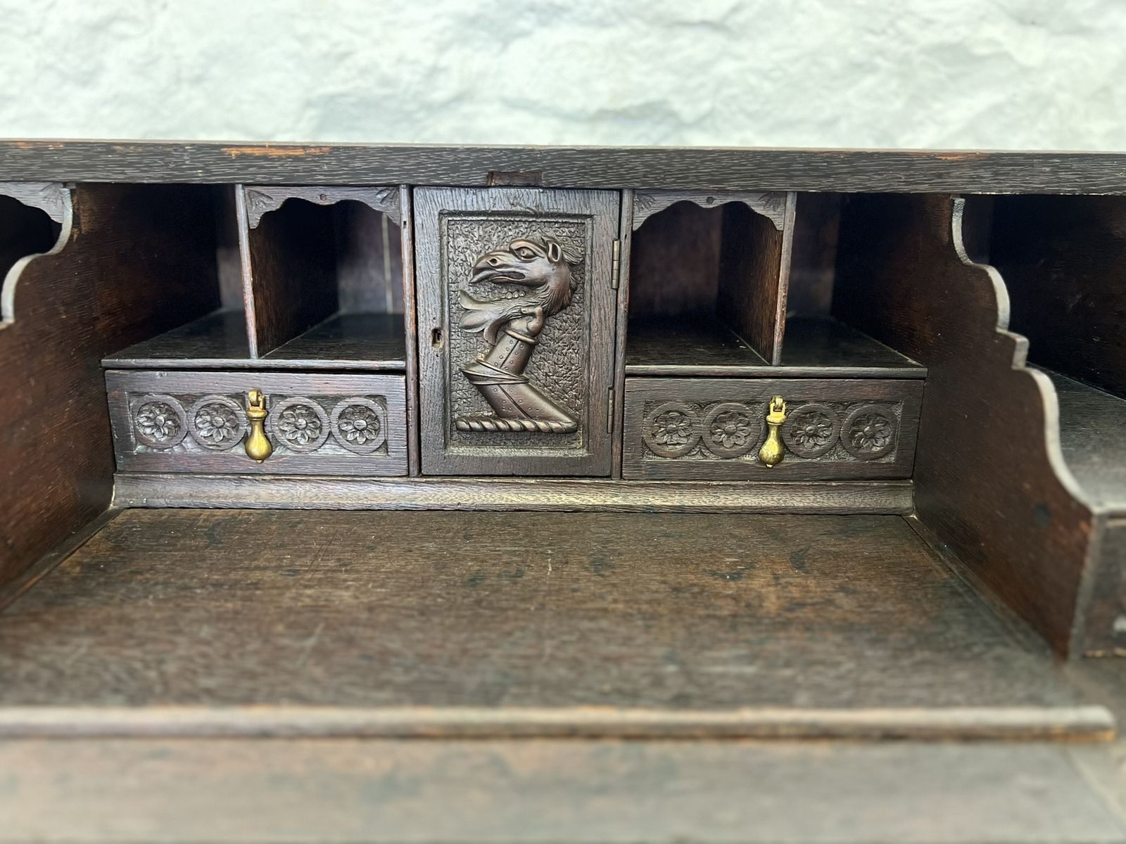 Furniture Antique Carved English Oak Chinoiserie Bureau Chest Secretary Writing Desk Secretaire With Drawers photo
