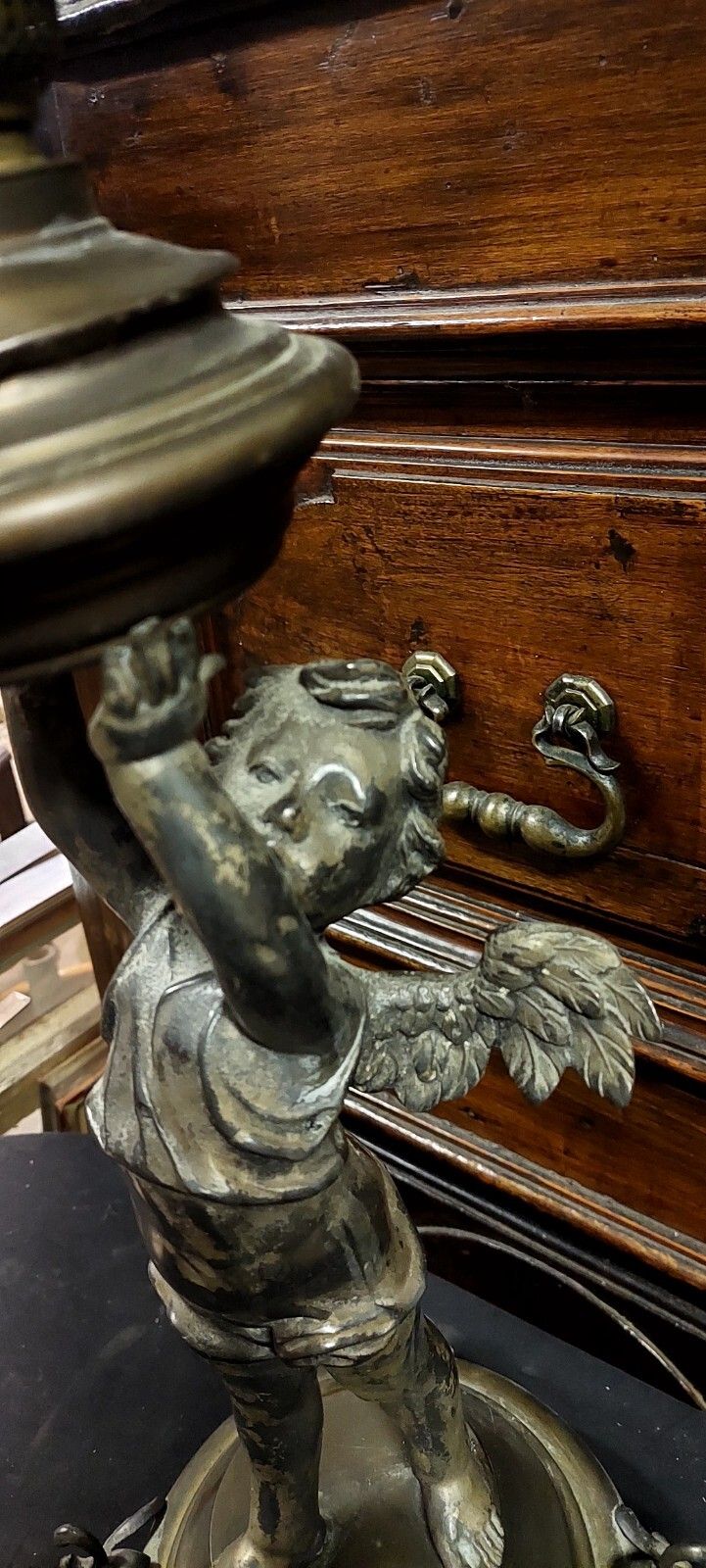 Antique Oil Lamp Putto 19th Century Antimony Brass Glass photo Lighting
