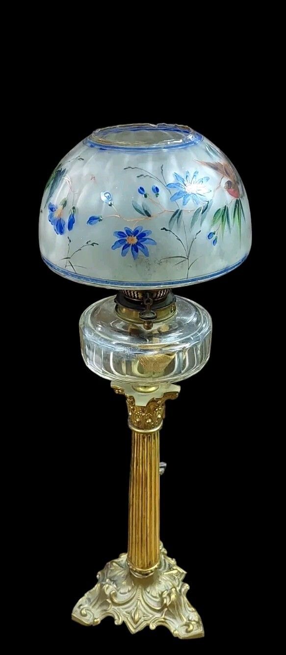 Antique Oil Lamp Bronze Golden Painted Glass XIX Century Original