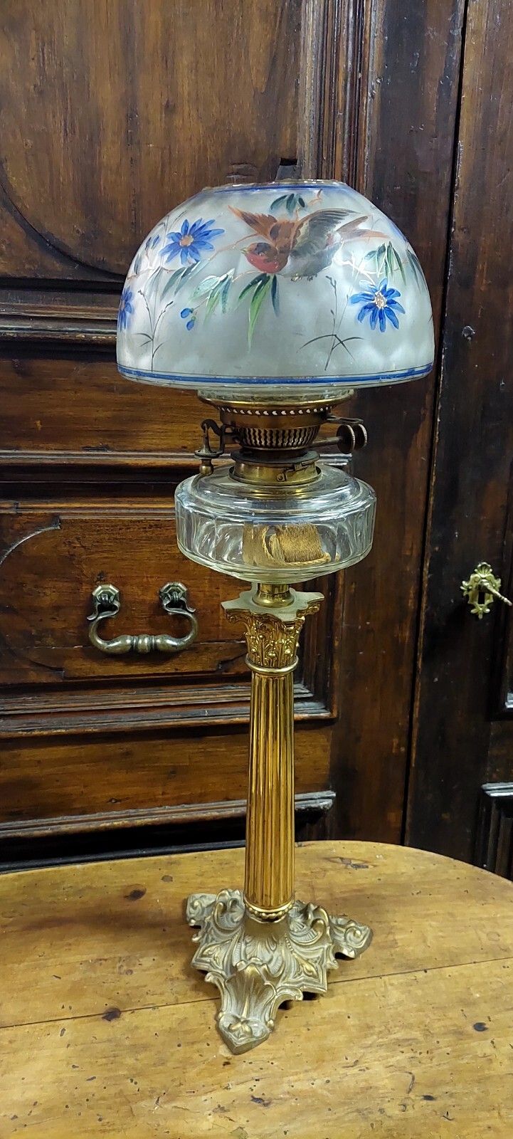 photo furniture Antique Oil Lamp Bronze Golden Painted Glass XIX Century Original