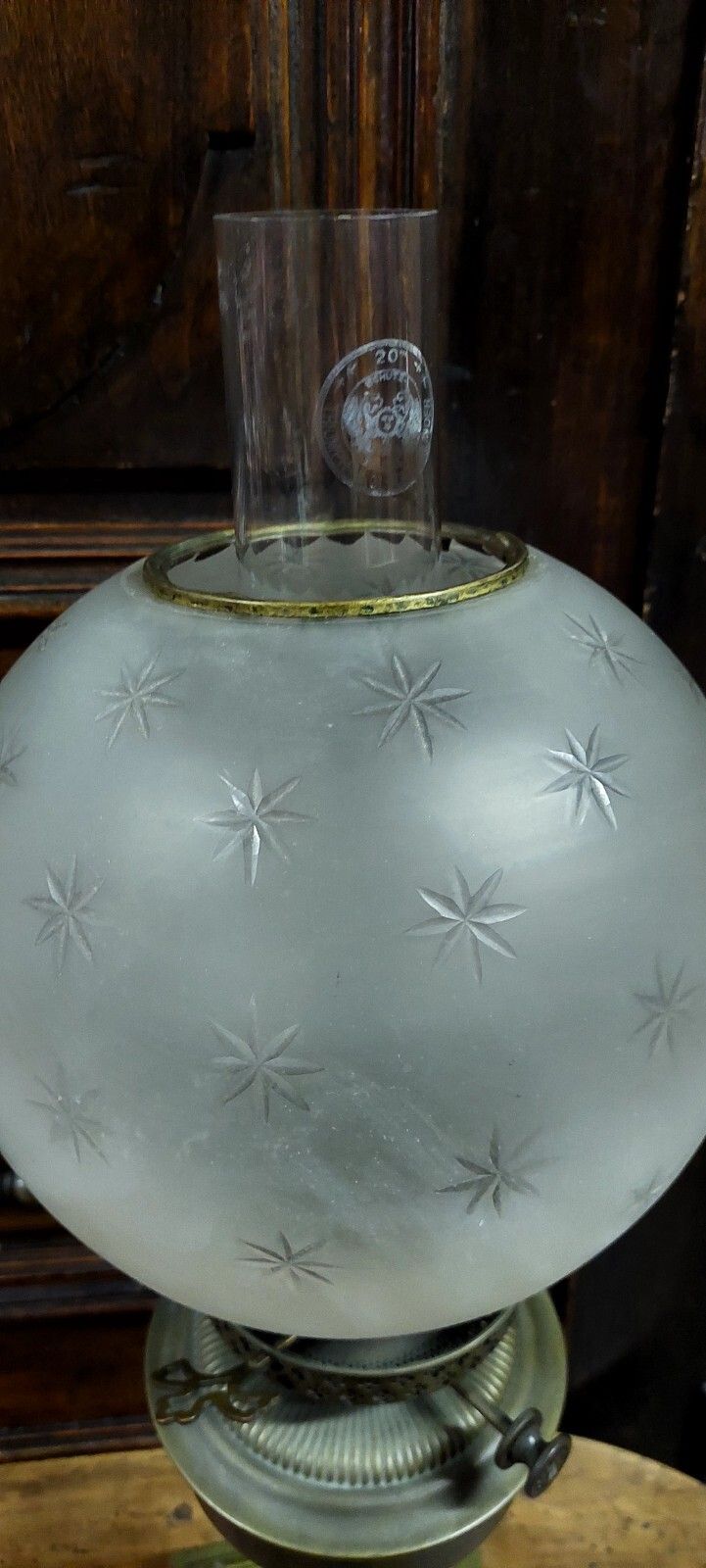 Large Antique Oil Lamp Brass XIX Century Etched Glass photo buy