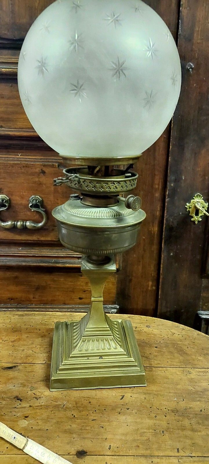 Large Antique Oil Lamp Brass XIX Century Etched Glass photo vintage