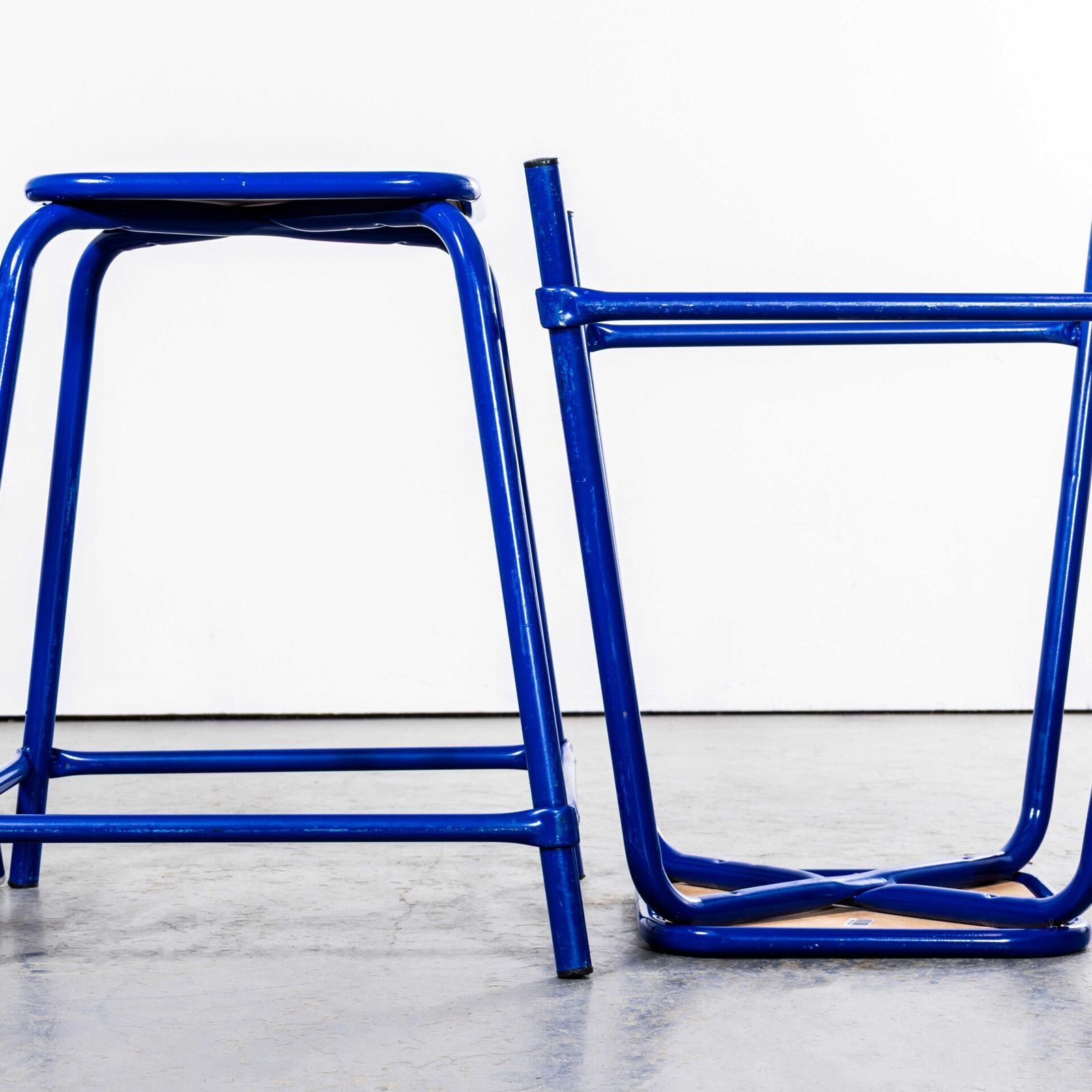 1970’s French Bright Blue Wide Laboratory Stools – Set Of Four photo vinterior