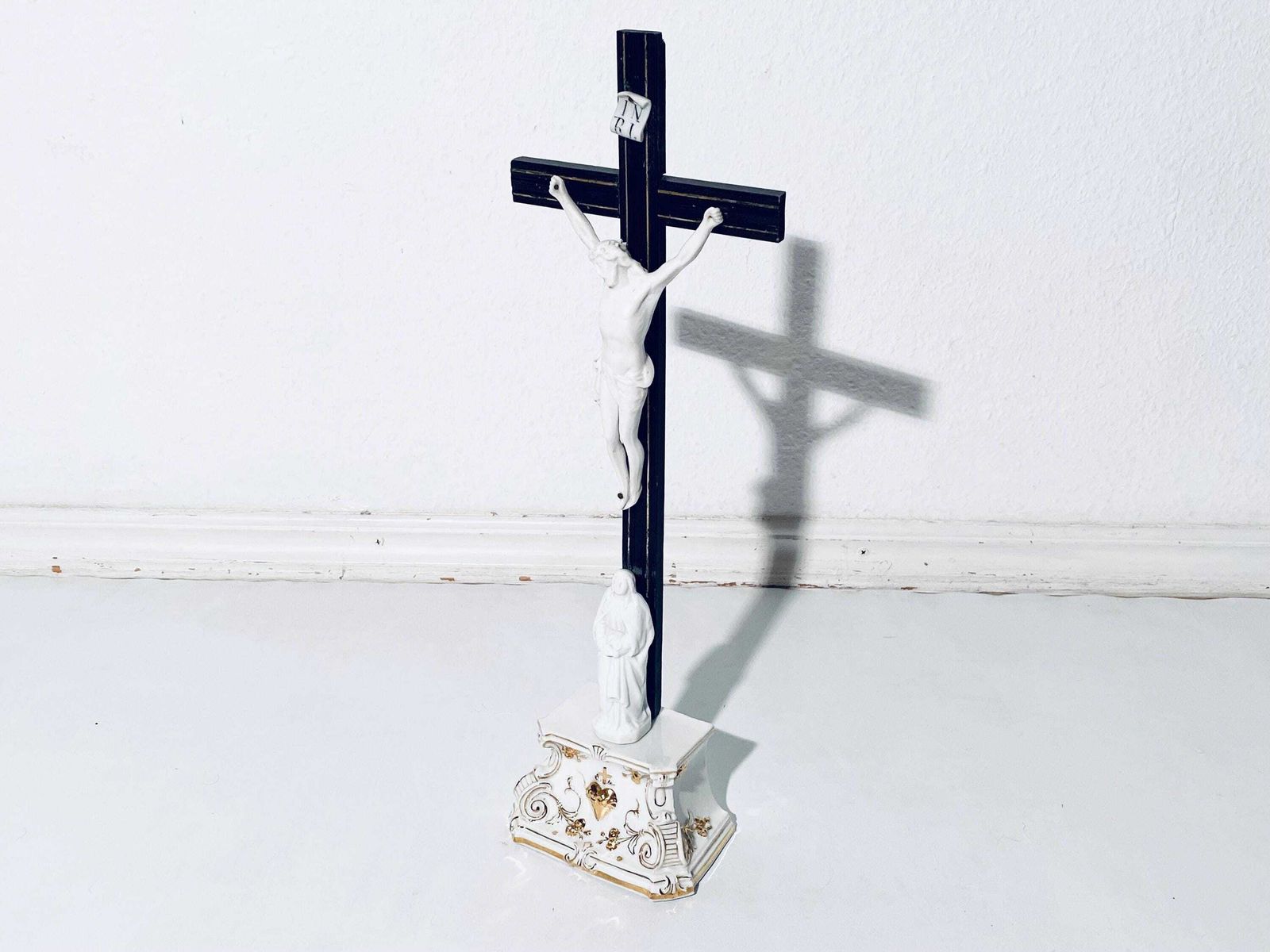1900s Standing Porcelain Wood Crucifix / Jesus On The Cross / Antique Christian Religious Church Decor