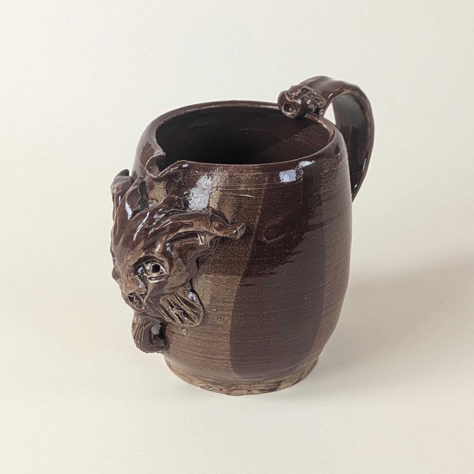 Vintage French Pottery Grotesque Devil Face Jug Signed Studio Art Stoneware Mug Large Satyr Mask Rustic Brown Folk Art Handmade Ceramic Cup