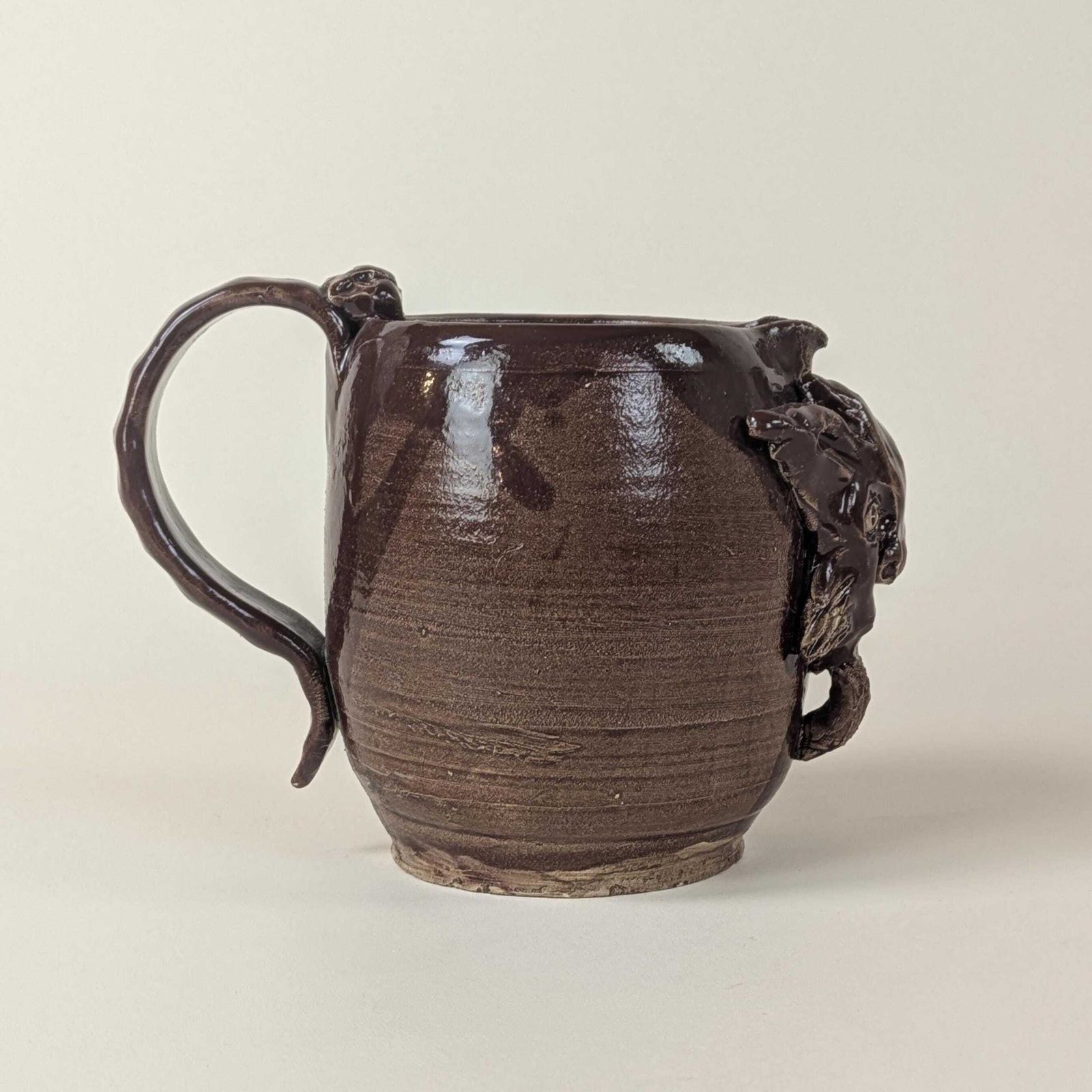 Vintage French Pottery Grotesque Devil Face Jug Signed Studio Art Stoneware Mug Large Satyr Mask Rustic Brown Folk Art Handmade Ceramic Cup photo 103.0