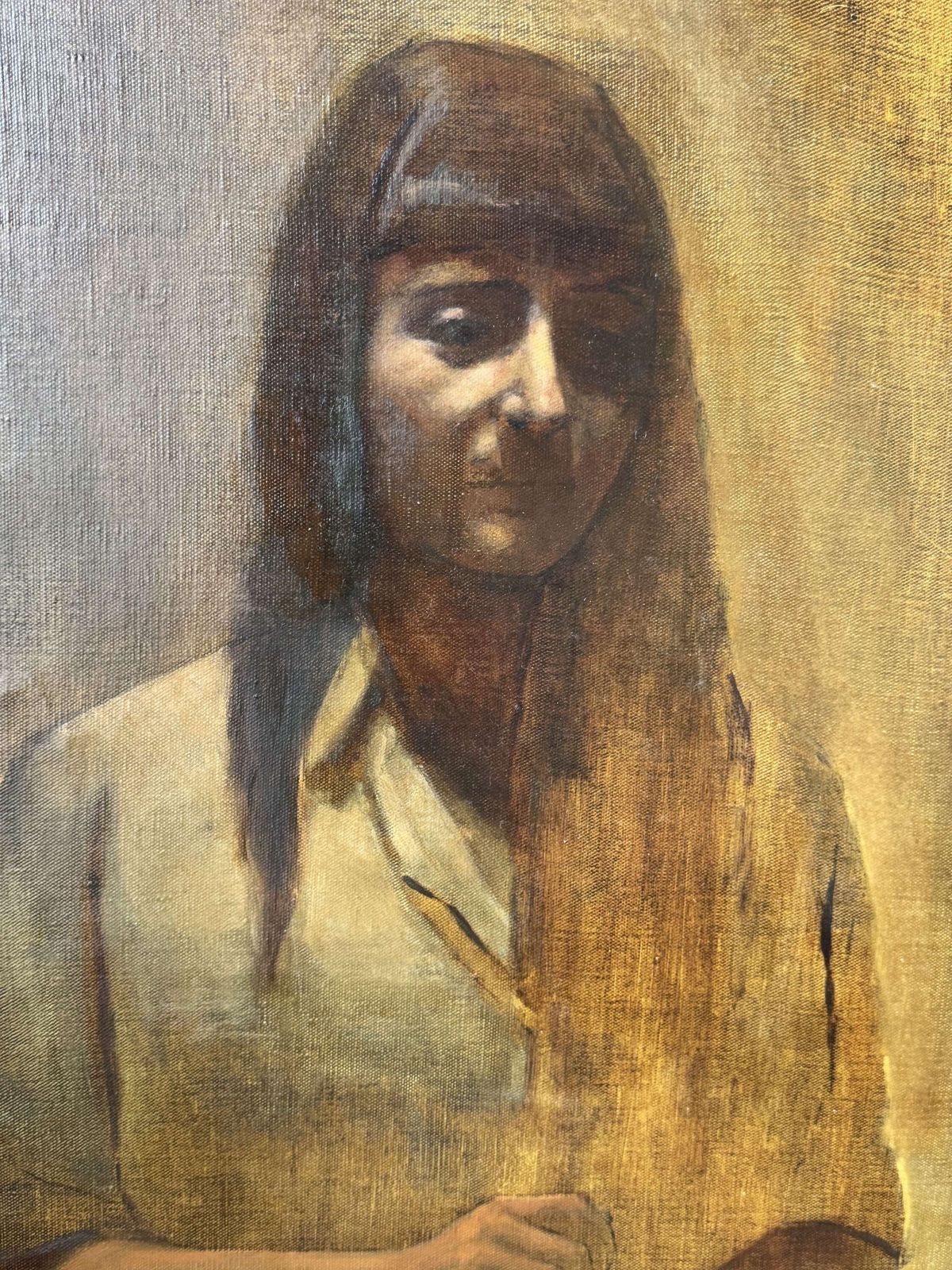 Large Vintage Oil Portrait Of A Woman – Atmospheric Realist Style photo furniture