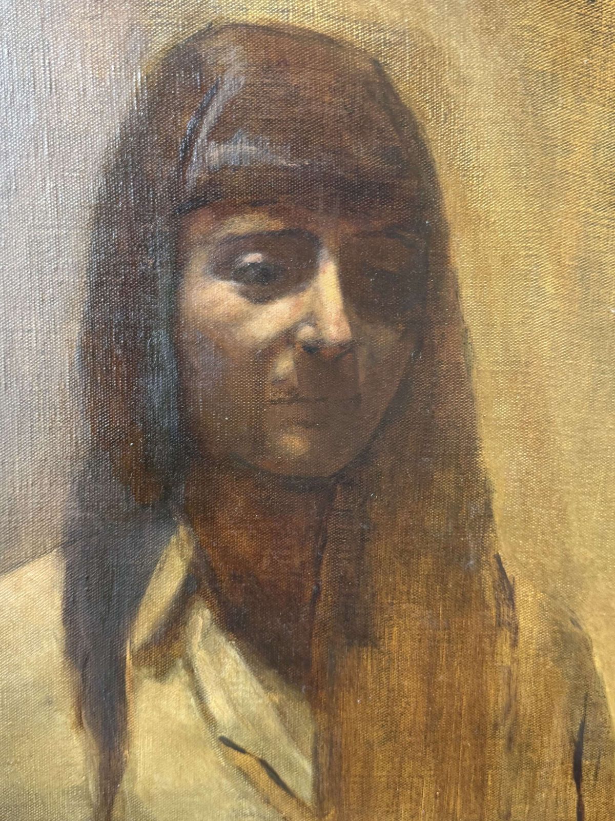 Large Vintage Oil Portrait Of A Woman – Atmospheric Realist Style photo for sale