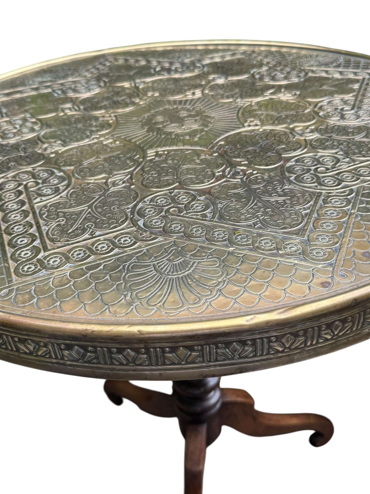 Antique Moorish Brass Table – Hand Etched Lion Design – Tripod Wooden photo furniture