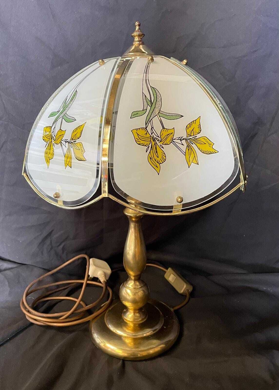 Elegant Vintage Brass Bedside Lamp With Floral Glass Shade, 1980s Ambient Lighting photo Lighting