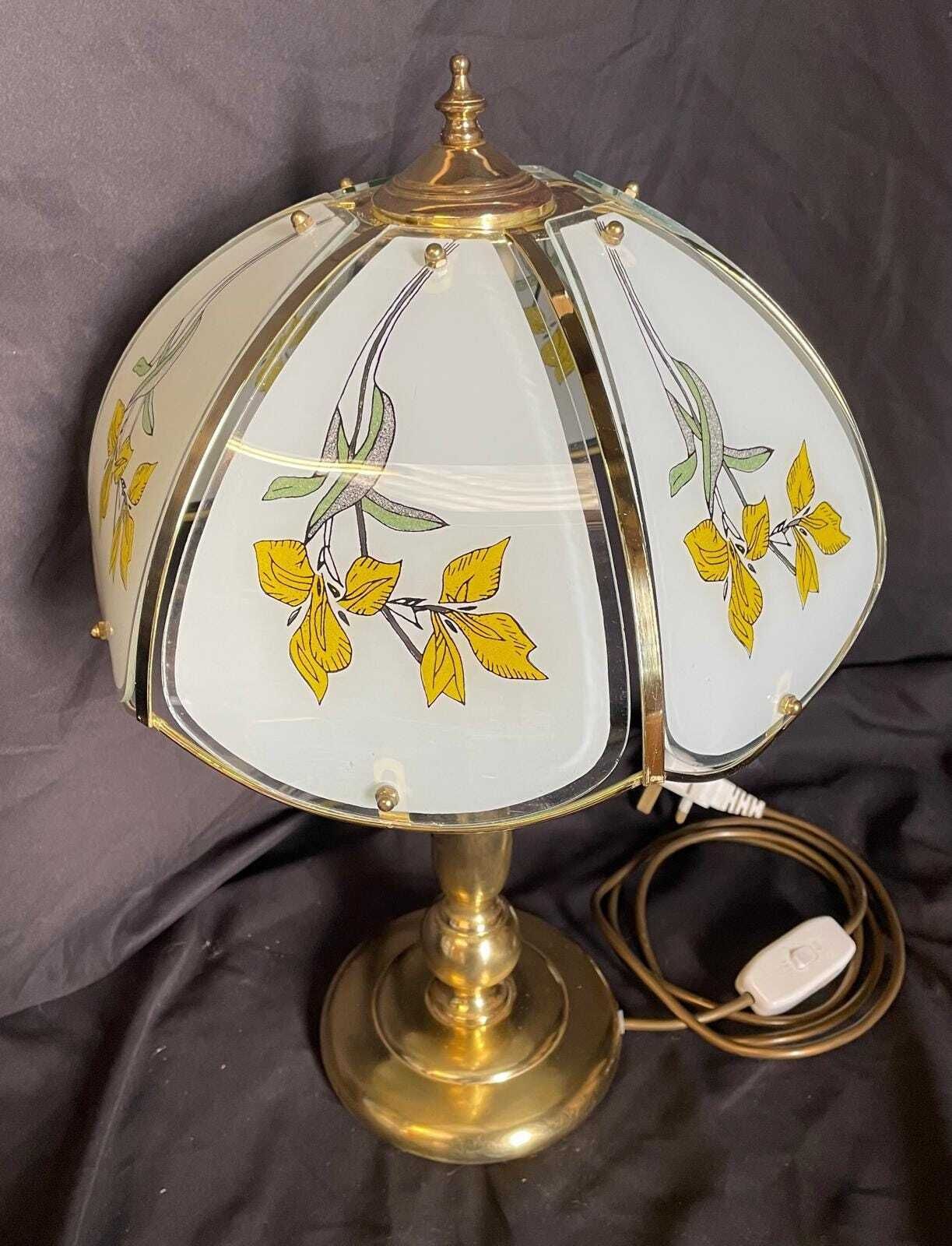 Elegant Vintage Brass Bedside Lamp With Floral Glass Shade, 1980s Ambient Lighting photo buy