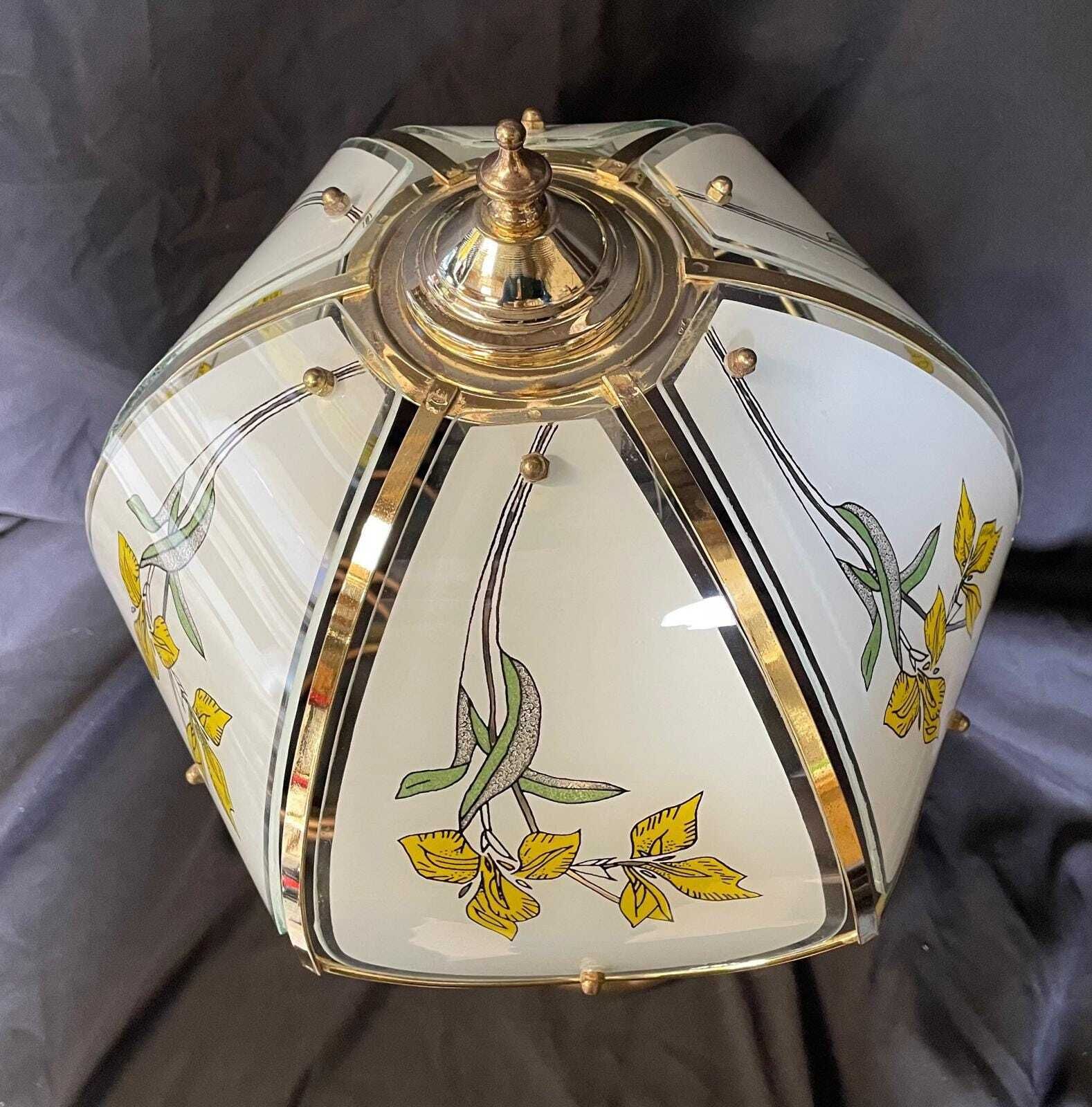 Lighting Elegant Vintage Brass Bedside Lamp With Floral Glass Shade, 1980s Ambient Lighting photo