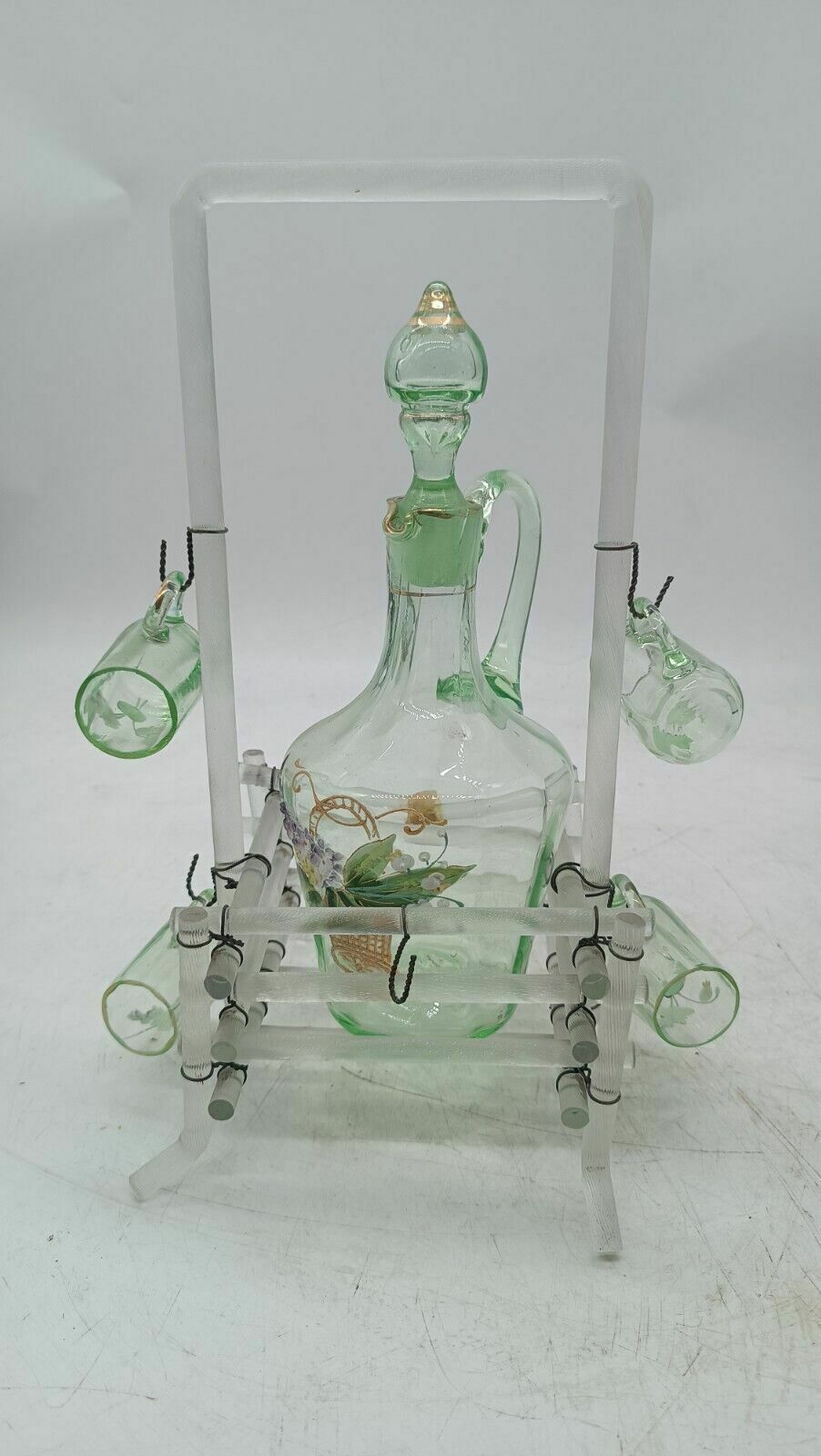 Antique Blown Glass Set Consisting Of A Bottle, 4 Glasses And Structure