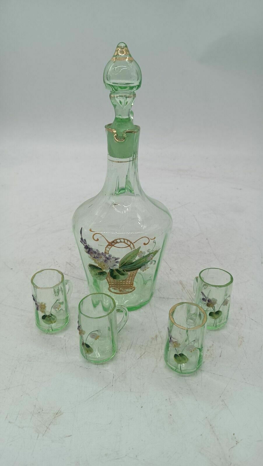 Antique Blown Glass Set Consisting Of A Bottle, 4 Glasses And Structure photo vintage