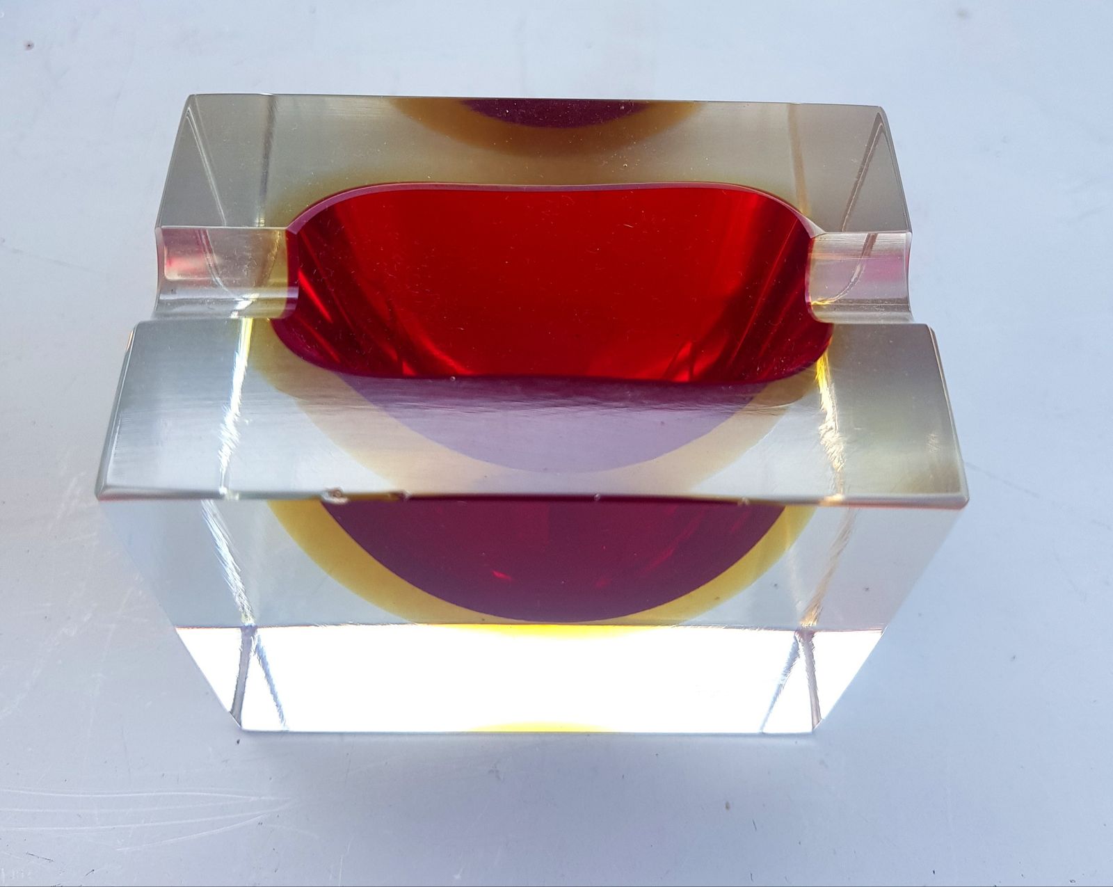 Sommerso Murano Glass Vase And Ashtray In Red And Yellow, 1950s photo for sale