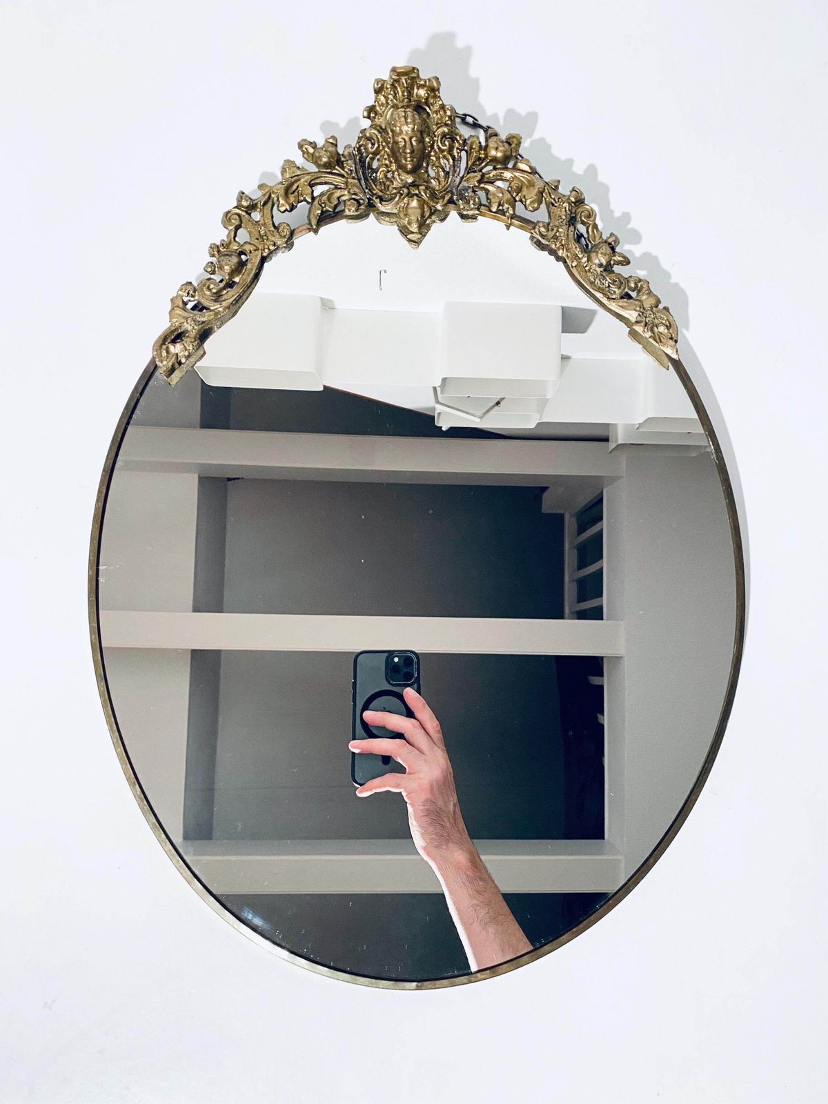 Antique Art Nouveau Wall Mirror / Golden Ornamented Oval Frame Shape / 1920s photo furniture