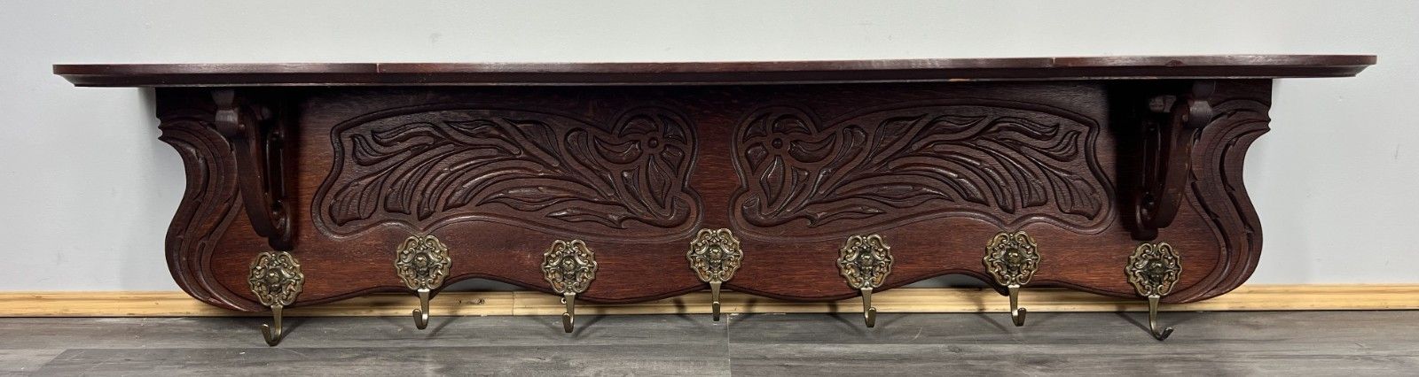 French Vintage Coat Rack Oak 7 Hooks Ornate Wall Shelf Carved Coat Lot 3885 photo 199.0