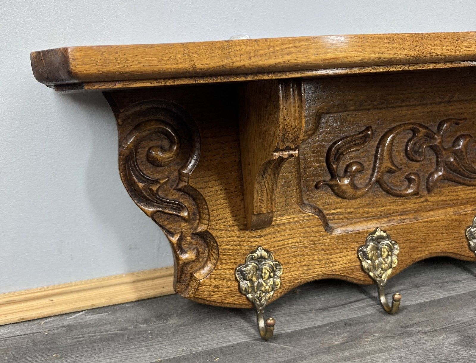 French Vintage Coat Rack Oak 6 Ornate Hooks Wall Shelf Carved Coat Lot 3880 photo for sale