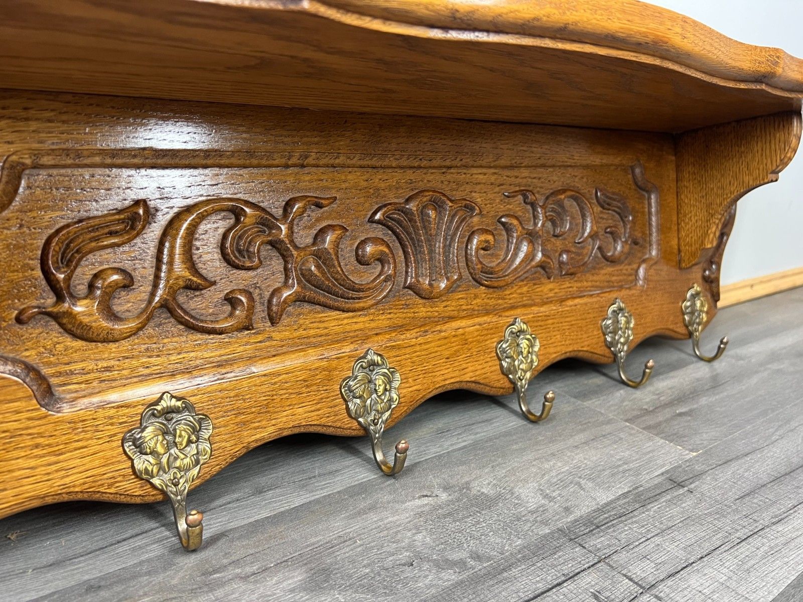 French Vintage Coat Rack Oak 6 Ornate Hooks Wall Shelf Carved Coat Lot 3880 photo Furniture