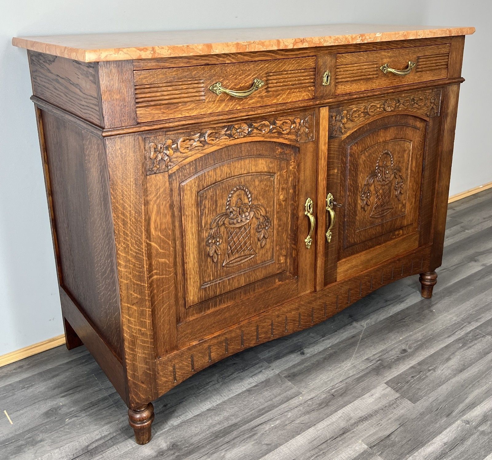 Cabinet Antique French Marble Top Oak Carved With Drawers Sideboard Lot 4070 photo furniture