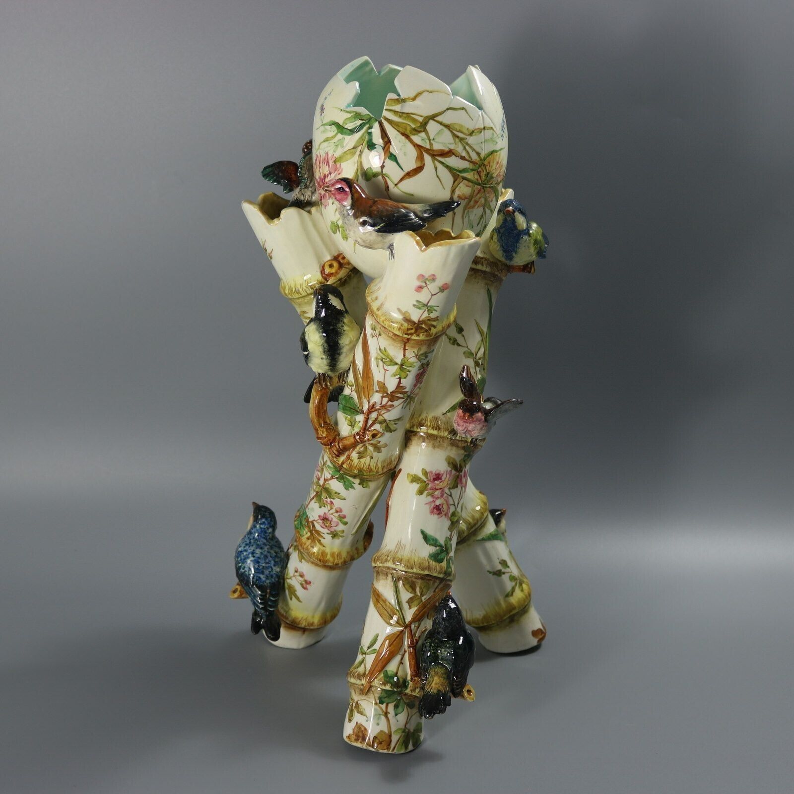 Delphin Massier Majolica Birds On Bamboo Vase photo for sale