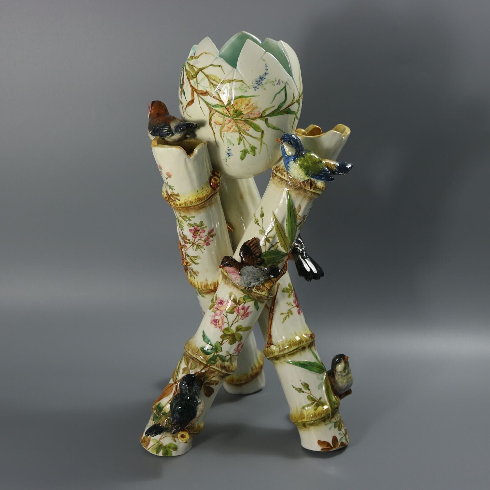 Delphin Massier Majolica Birds On Bamboo Vase photo Home Decor