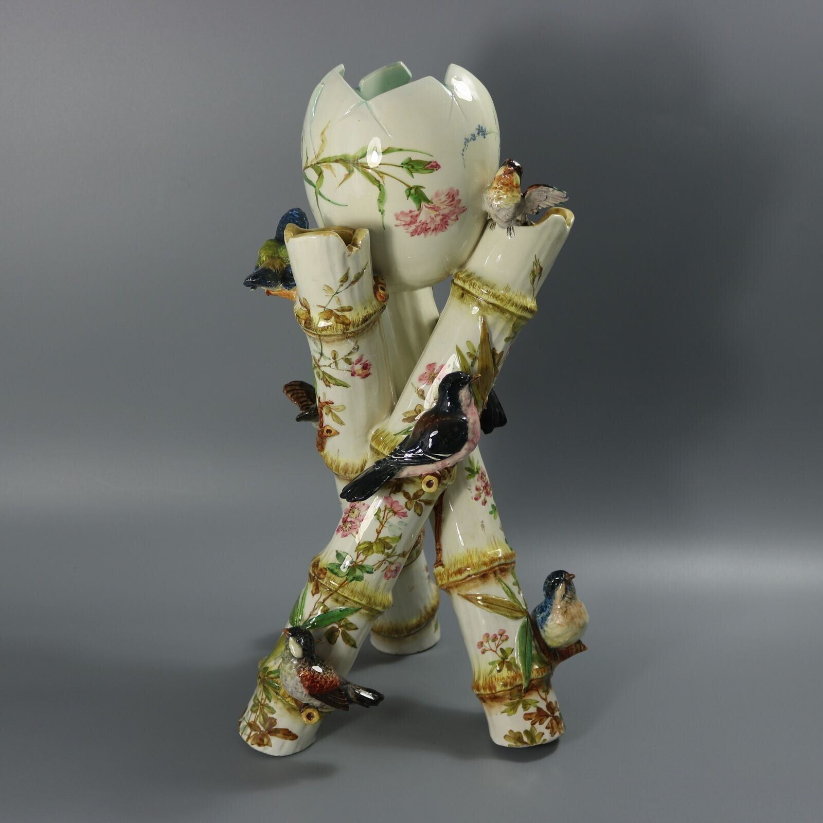 Delphin Massier Majolica Birds On Bamboo Vase photo vinterior
