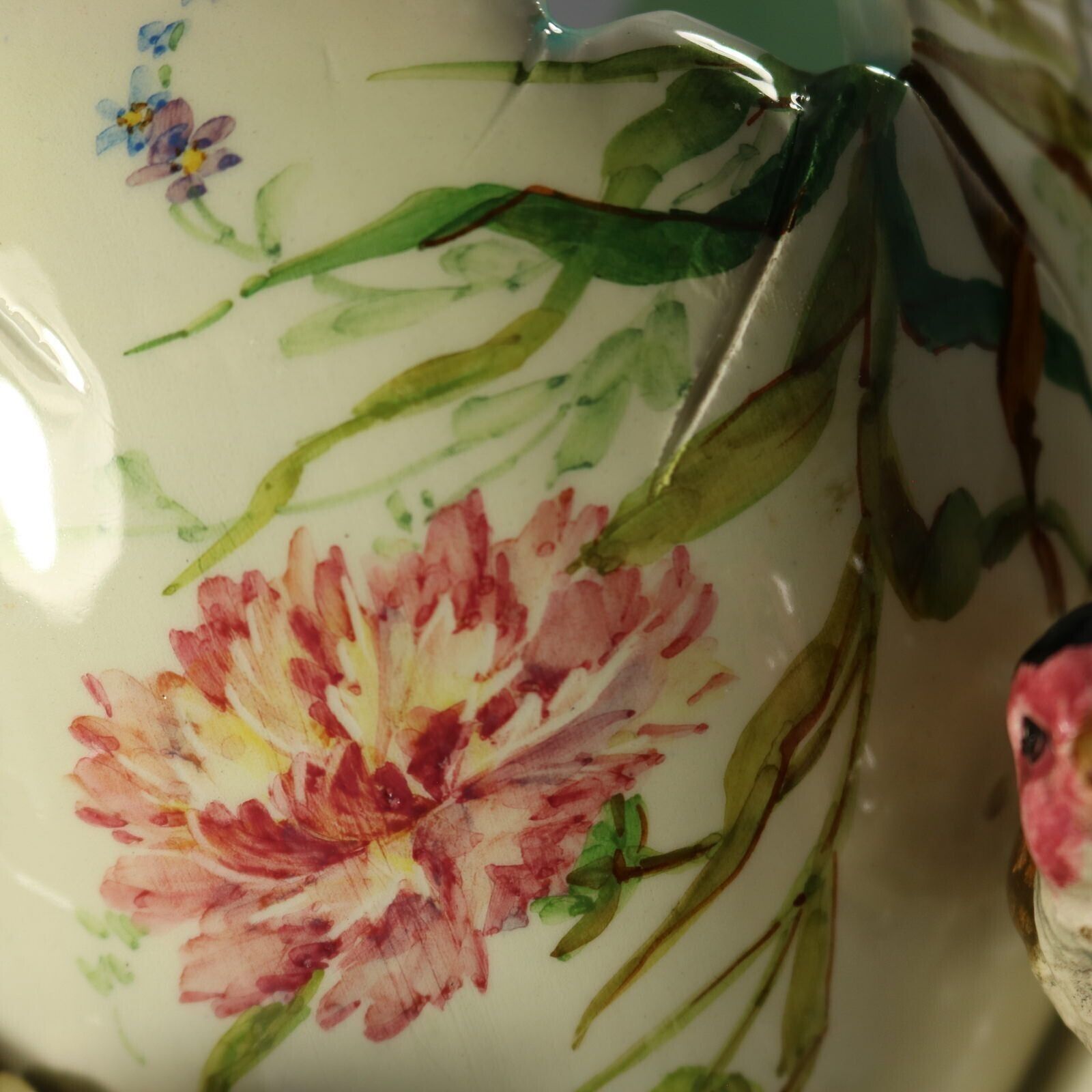 Delphin Massier Majolica Birds On Bamboo Vase photo vintage