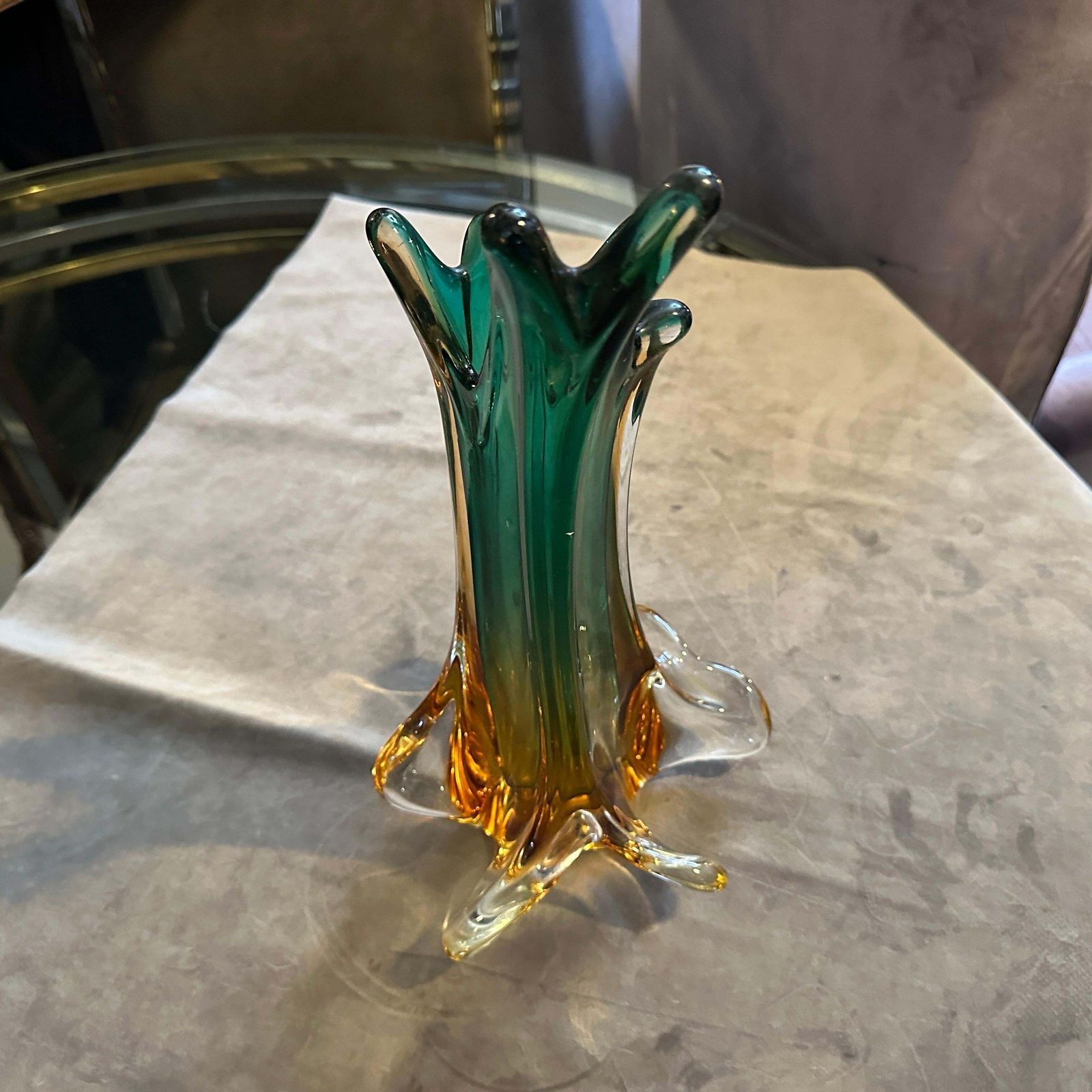 1970s Seguso Style Green And Yellow Sommerso Murano Glass Sculptural Vase photo Home Decor